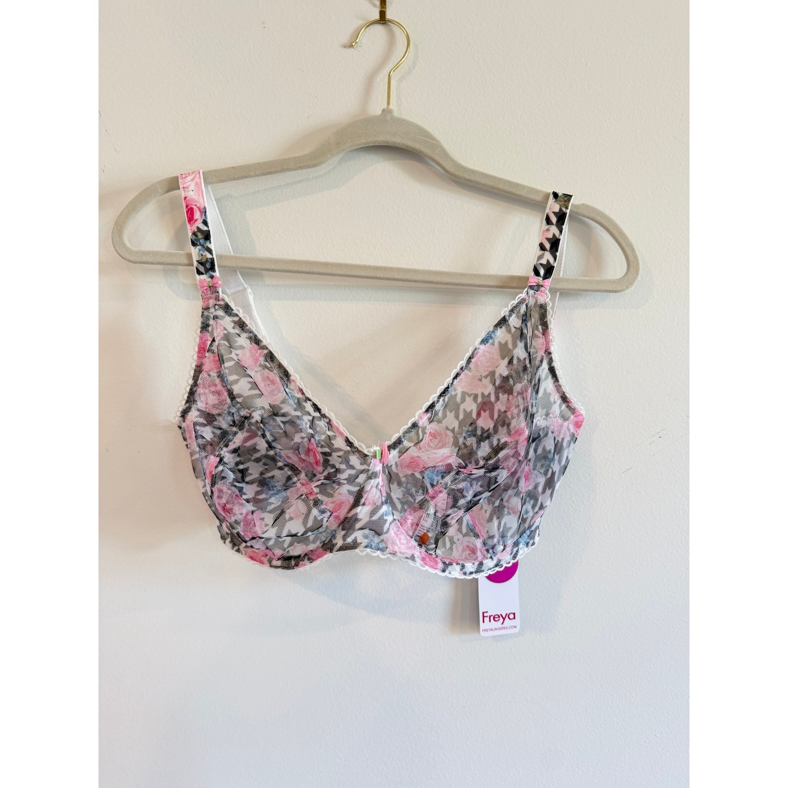 NWT Freya Rose Blossom Plunge Balcony Bra Floral Houndstooth Mesh 32K NWT Freya Rose Blossom Plunge Balcony Bra Floral Houndstooth Mesh 32K