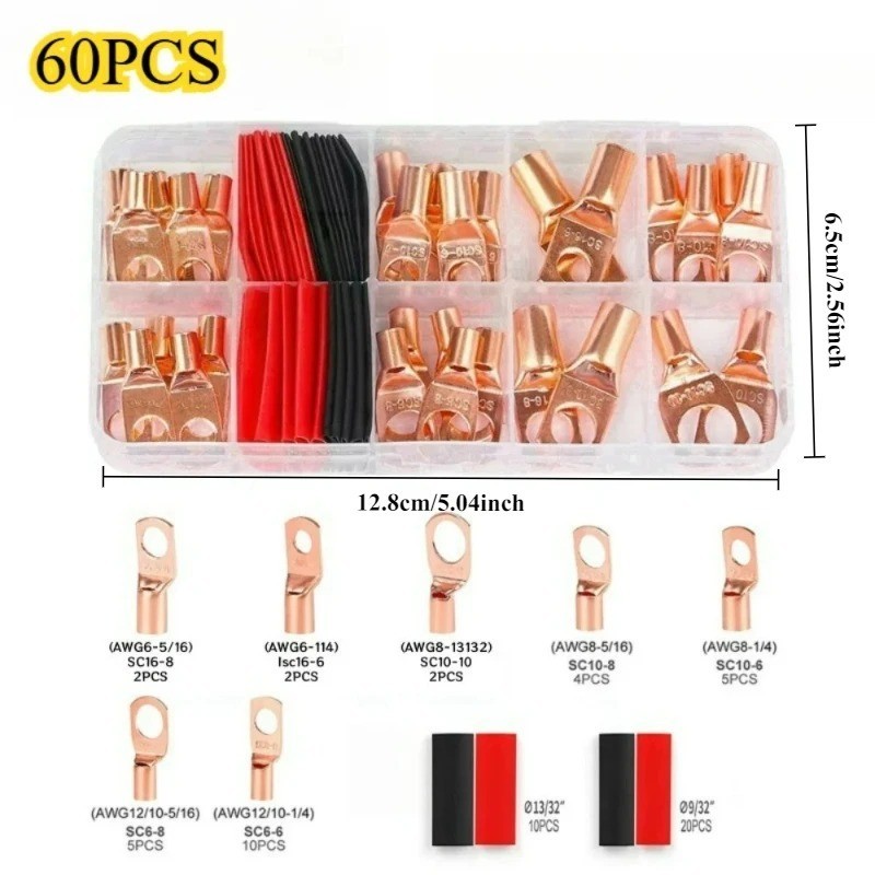 220PCS Car Copper Lug Ring Terminals Cable Electrical Wire Crimp Connectors Kit