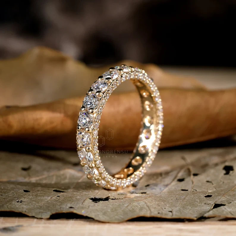 5.50Ct Round Cut Natural Diamond Eternity Wedding Ring Band 14K Yellow Gold 6 7