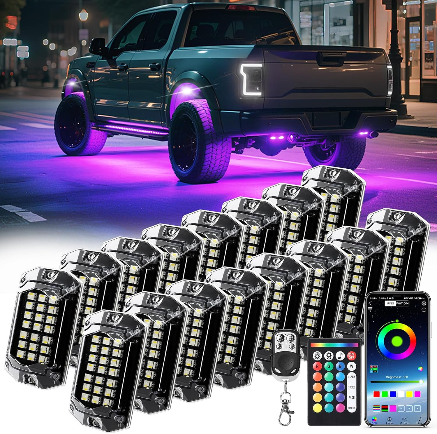 16 Pods 230° RGBW LED Rock Lights 6500K White Underglow Waterproof Truck ATV UTV