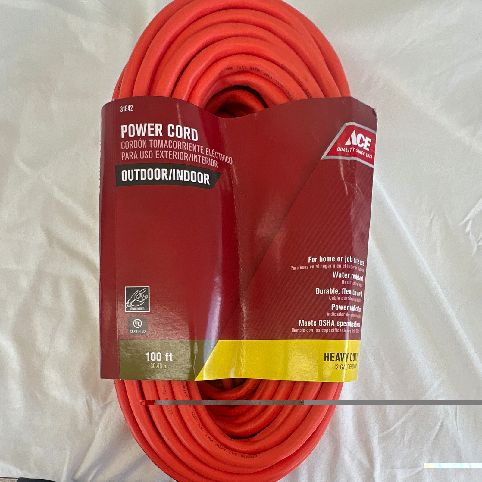 ACE Heavy Duty Water Resistant Indoor/Outdoor Power Cord 100 ft 12 GA Orange ACE Heavy Duty Water Resistant Indoor/Outdoor Power Cord 100 ft 12 GA Orange