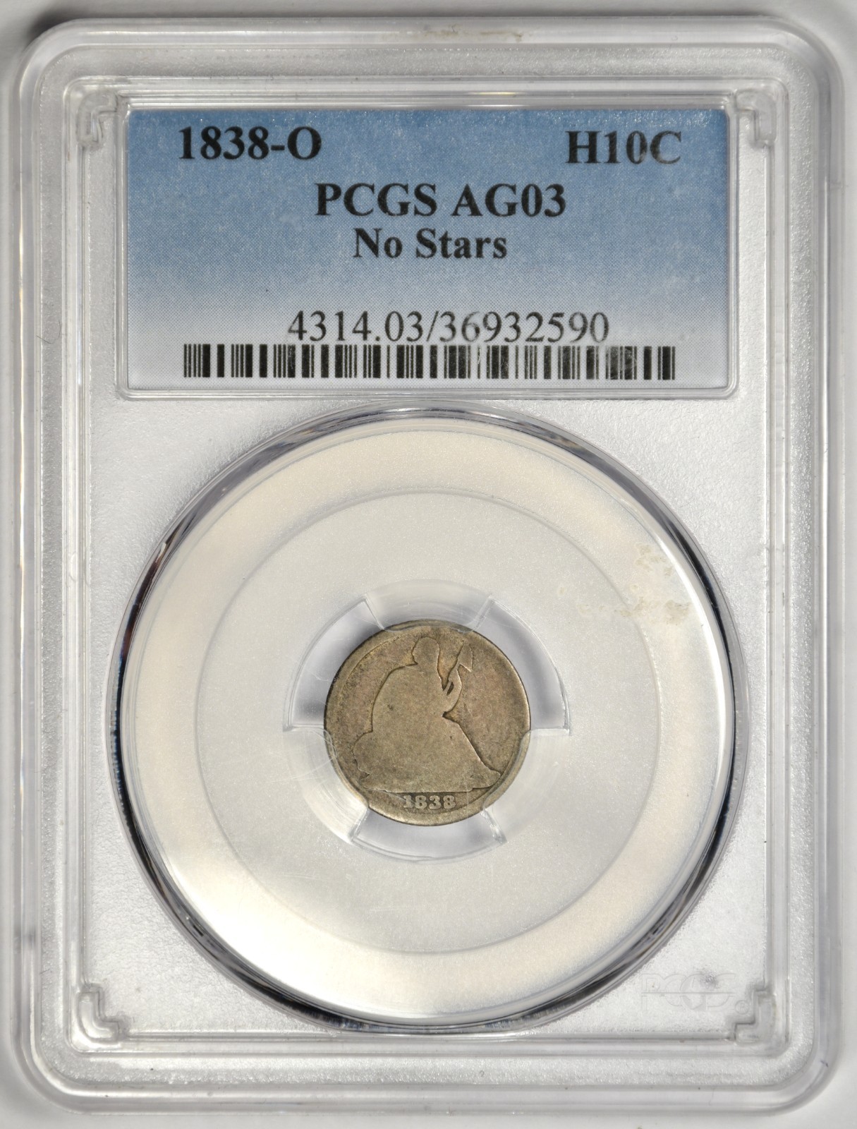 1838-O SEATED HALF DIME (NO STARS) ~ PCGS AG03 ~ NICE SOLID PROBLEM FREE COIN 1838-O SEATED HALF DIME (NO STARS) ~ PCGS AG03 ~ NICE SOLID PROBLEM FREE COIN