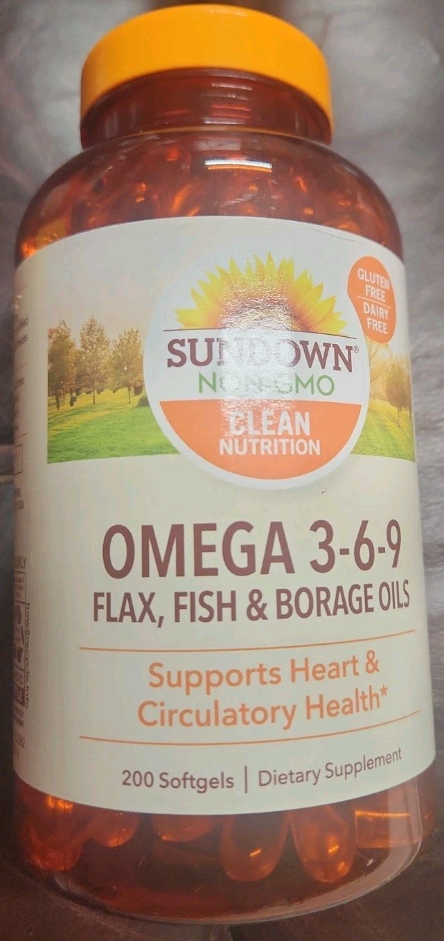 Sundown Omega 3-6-9 Flax Fish Borage Oils Heart Circulatory Health 200 ct 5/2027