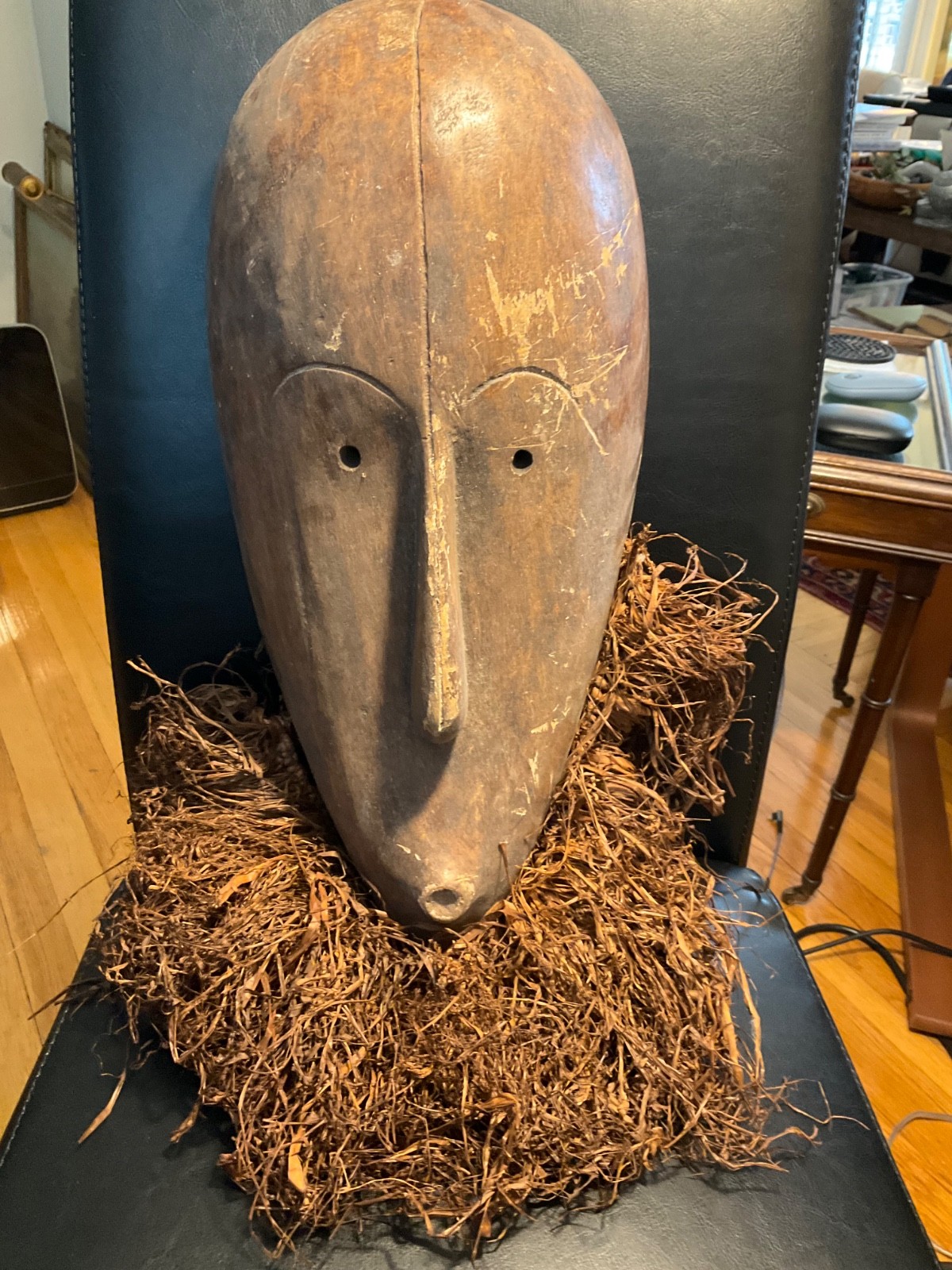 Vintage African Congo Lega Bwami Society Tribal Mask w/ Raffia Beard Vintage African Congo Lega Bwami Society Tribal Mask w/ Raffia Beard