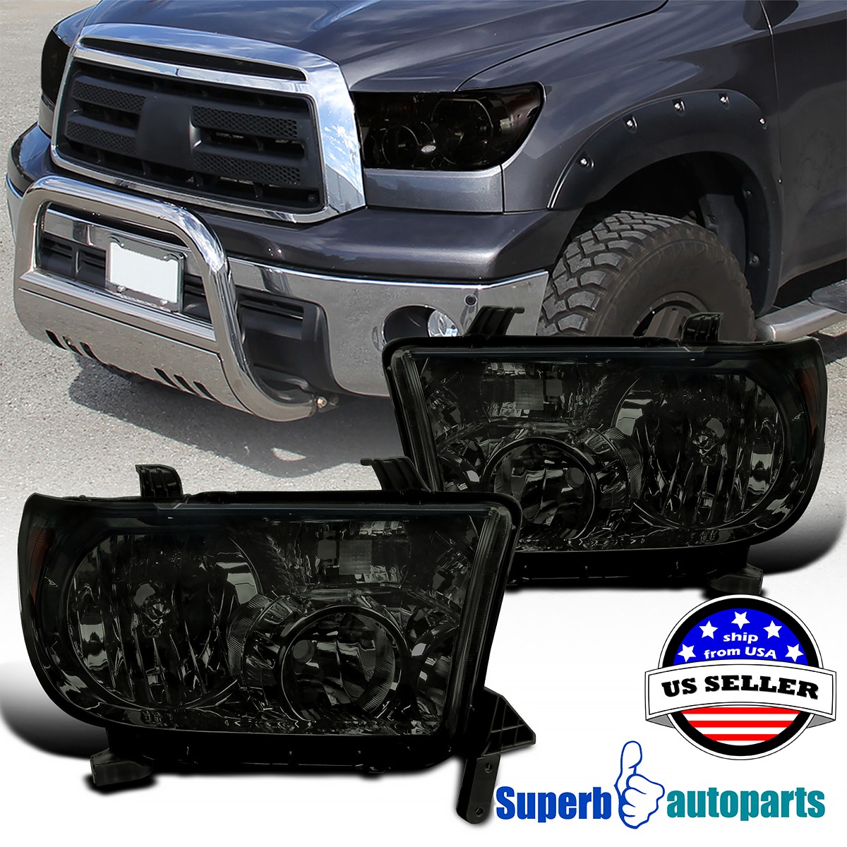 Fits 2007-2013 Toyota Tundra 08-17 Sequoia Smoke 12-14 Headlights Head Lamps Fits 2007-2013 Toyota Tundra 08-17 Sequoia Smoke 12-14 Headlights Head Lamps