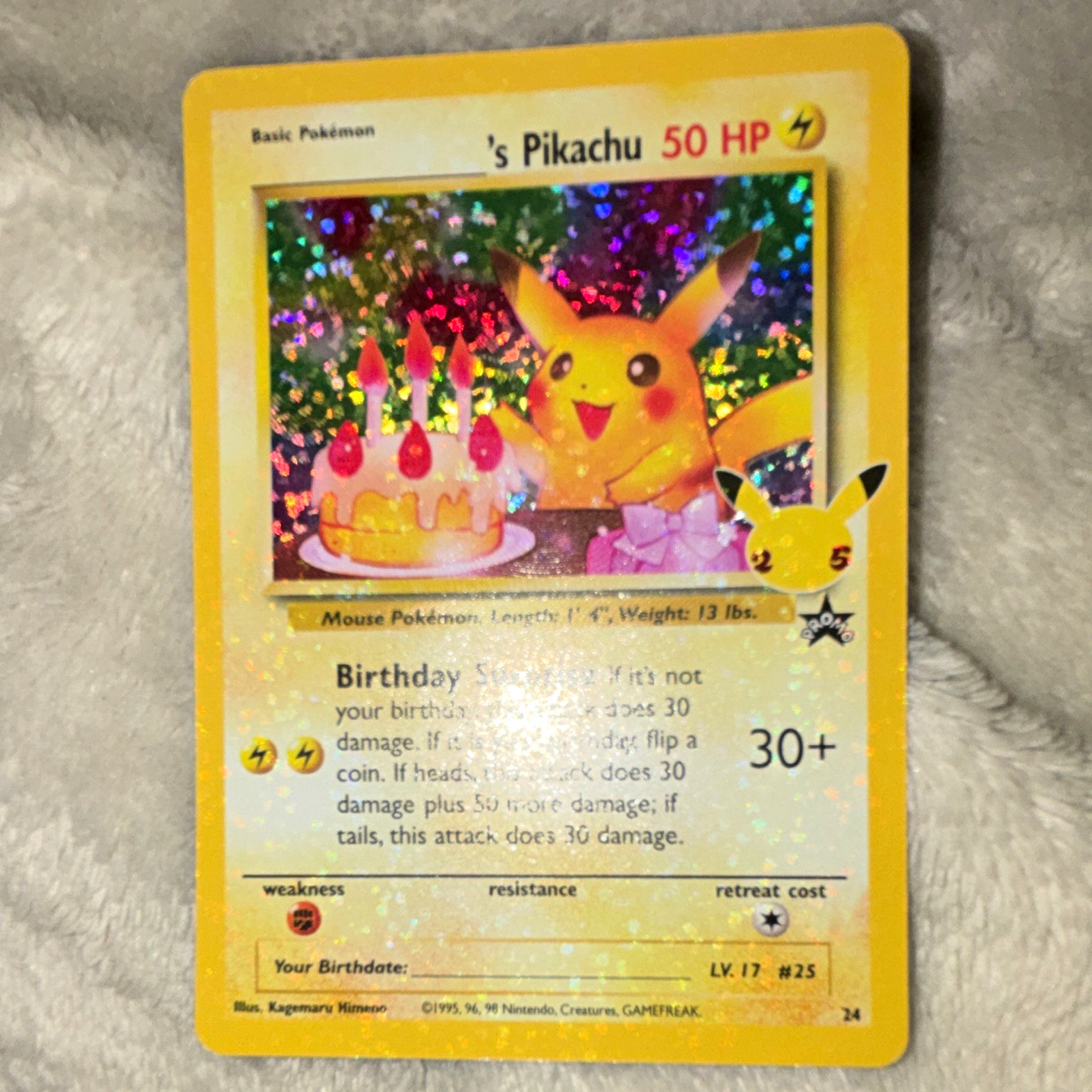 Pokemon TCG Birthday Pikachu 24 Holo 50 HP English 1995 Basic Pokemon Card Pokemon TCG Birthday Pikachu 24 Holo 50 HP English 1995 Basic Pokemon Card
