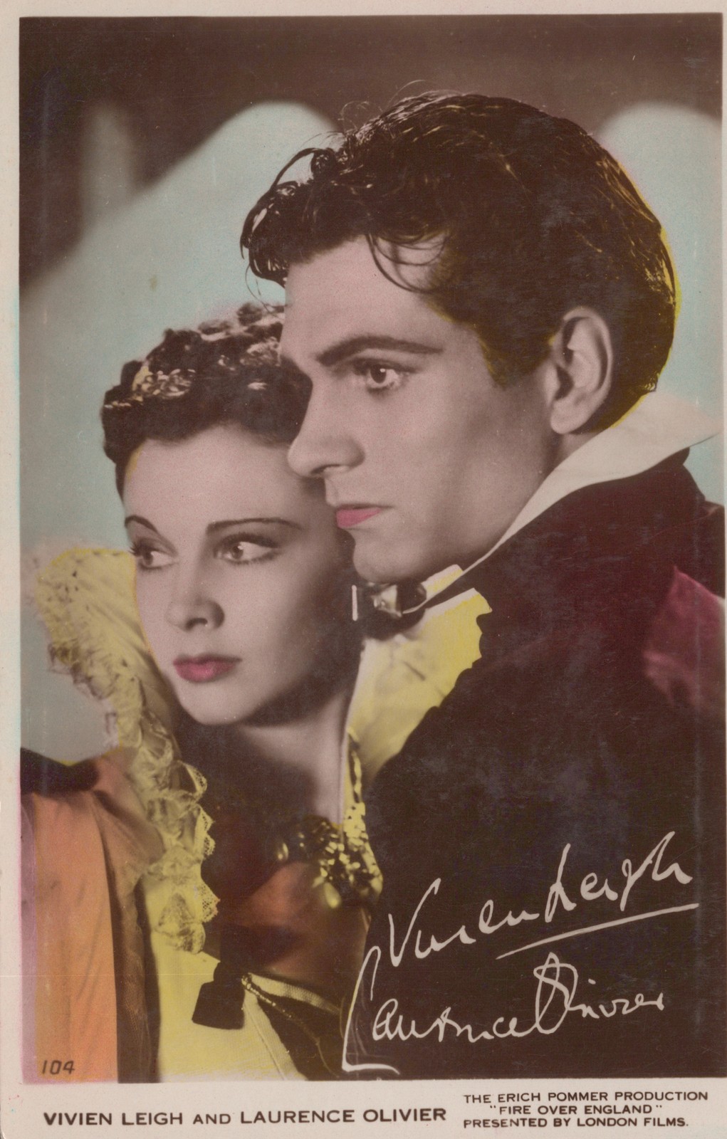 Vivien Leigh & Laurence Olivier RPPC Postcard Fire Over England 1937 Film Star