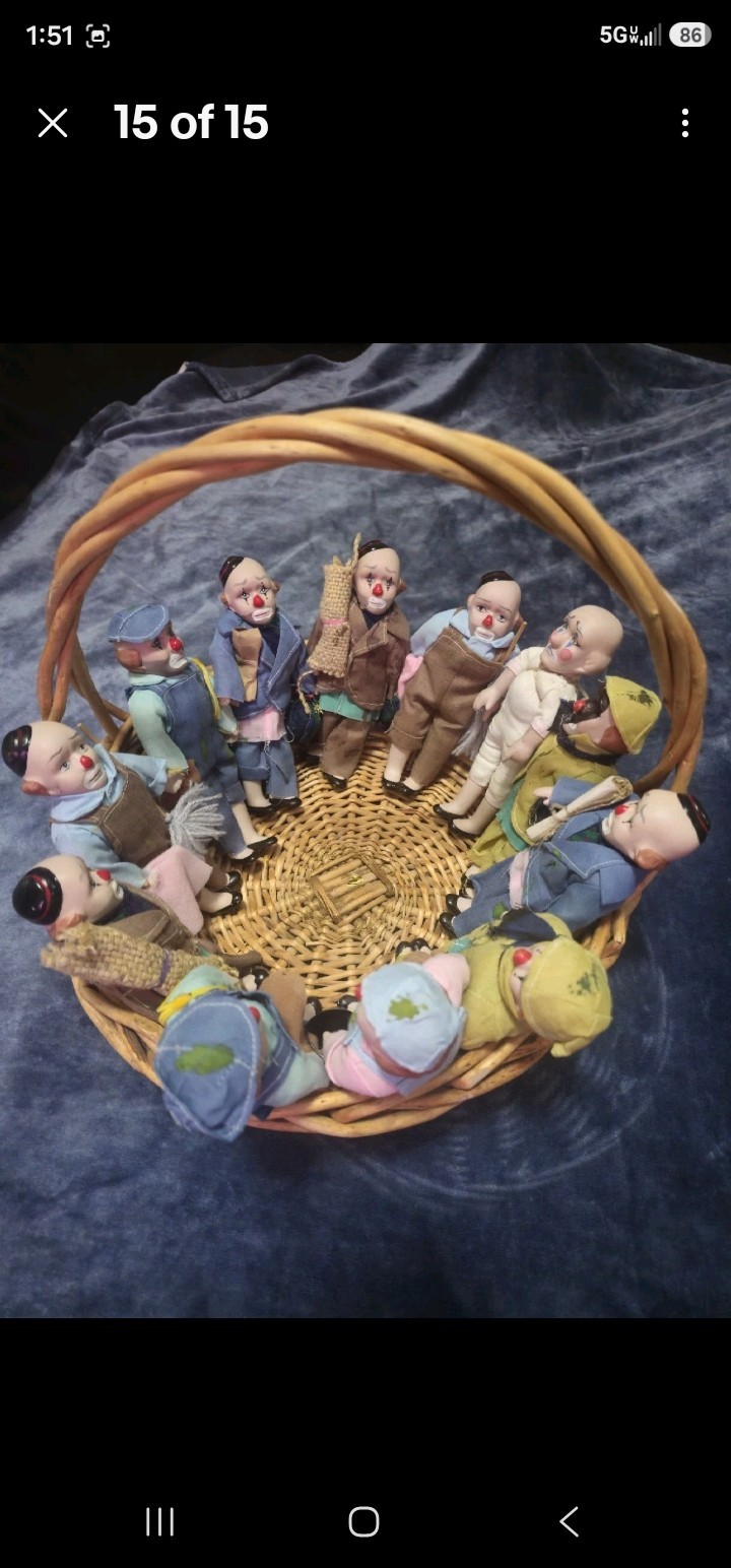 Lot of 12 Vintage Clown Dolls Porcelain Ceramic Face Soft Body Dressed Hobo 7-8” Lot of 12 Vintage Clown Dolls Porcelain Ceramic Face Soft Body Dressed Hobo 7-8”
