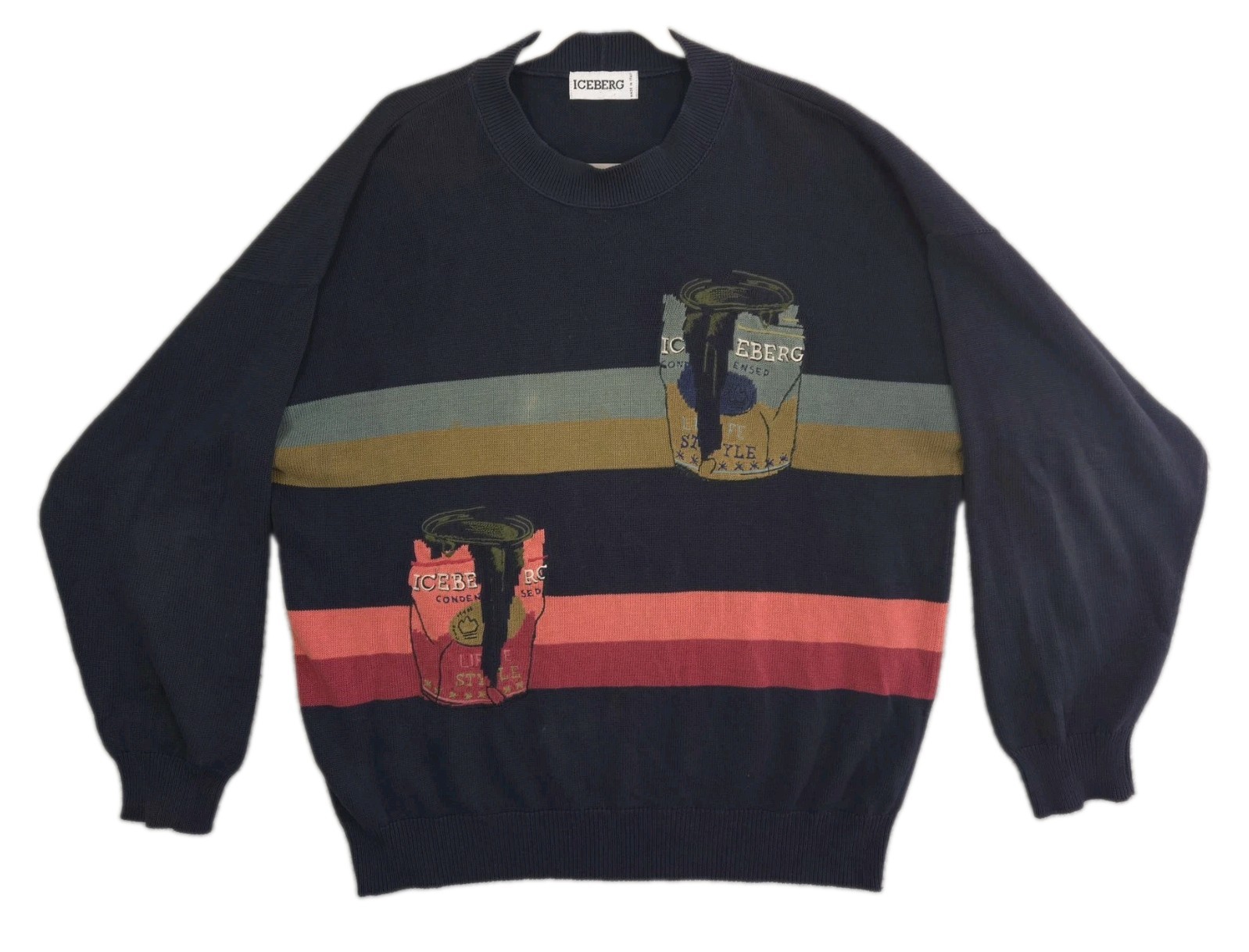 Iceberg VTG 90s Knit Cotton Sweater Paint Cans Mens Size VI (2XL) Oversized Boxy Iceberg VTG 90s Knit Cotton Sweater Paint Cans Mens Size VI (2XL) Oversized Boxy
