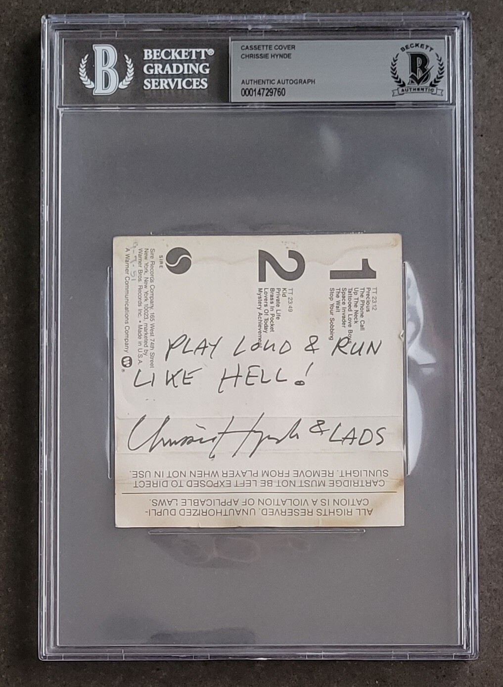 CHRISSIE HYNDE SIGNED SLABBED BECKETT BAS COA THE PRETENDERS BAND AUTOGRAPHED