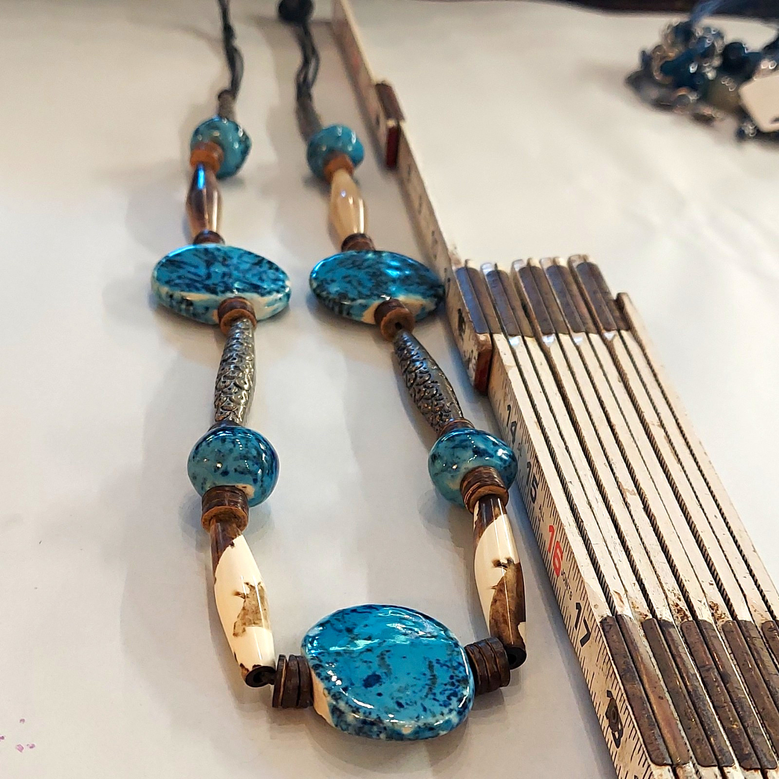 E10-Blue Beaded Cord Statement Necklace Adjustable Button Closure Bohemian Resin E10-Blue Beaded Cord Statement Necklace Adjustable Button Closure Bohemian Resin