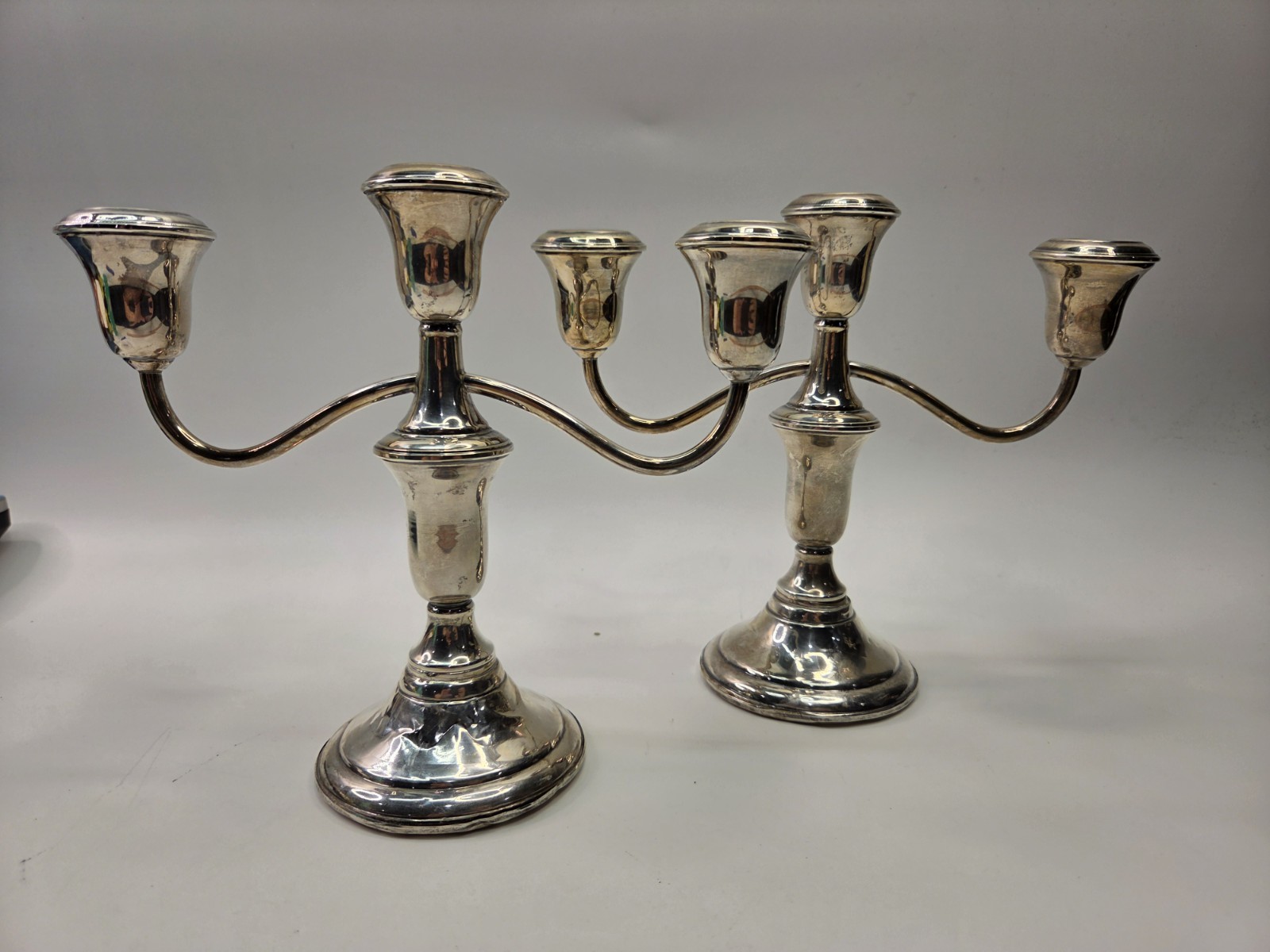 Pair Vintage Sterling Silver Filled Candelabra Convertible 3-Light Candlesticks