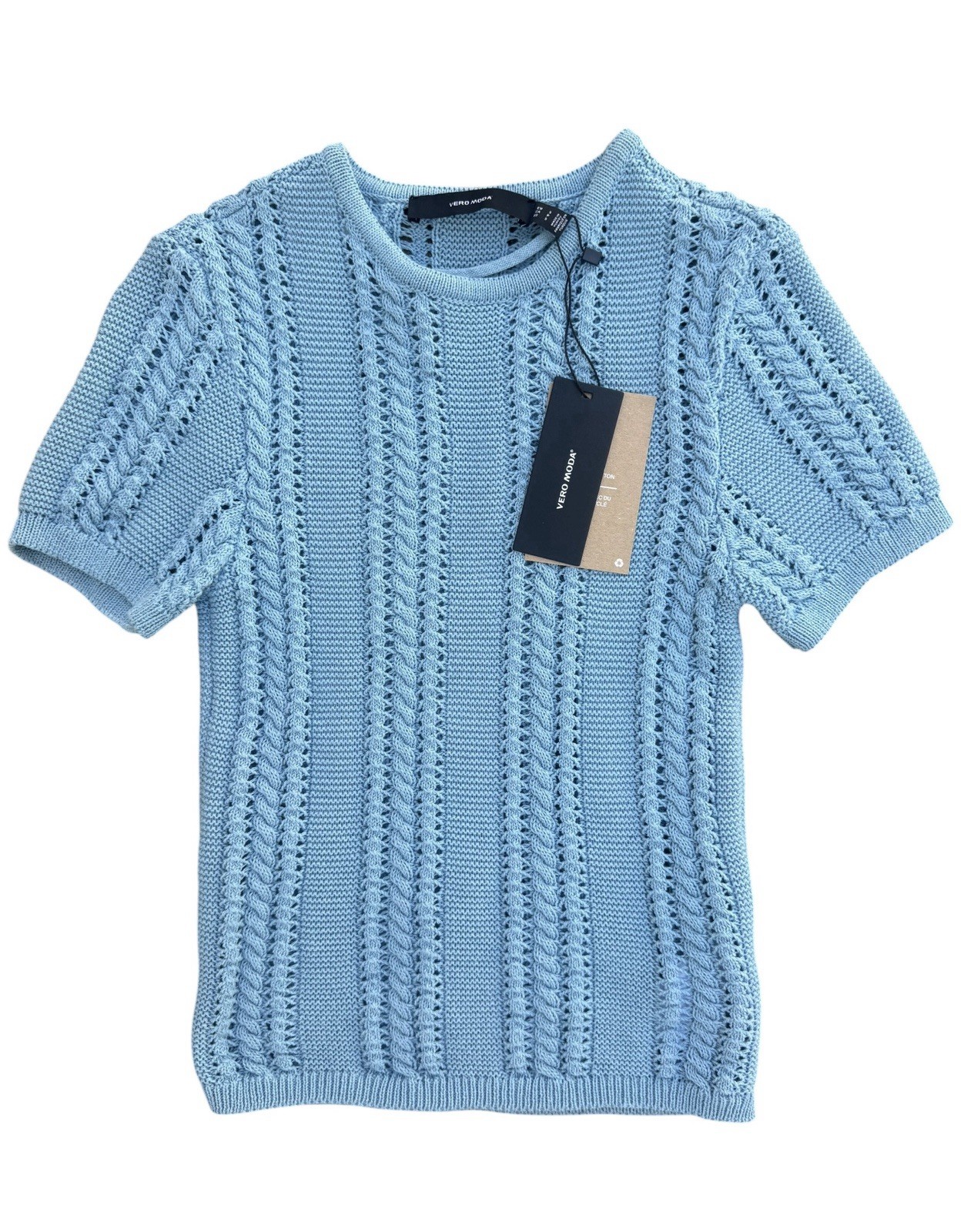 Vero Moda Nora Sweater Top S NWT Blue Cable Knit Short Sleeve VMNORA SS Vero Moda Nora Sweater Top S NWT Blue Cable Knit Short Sleeve VMNORA SS