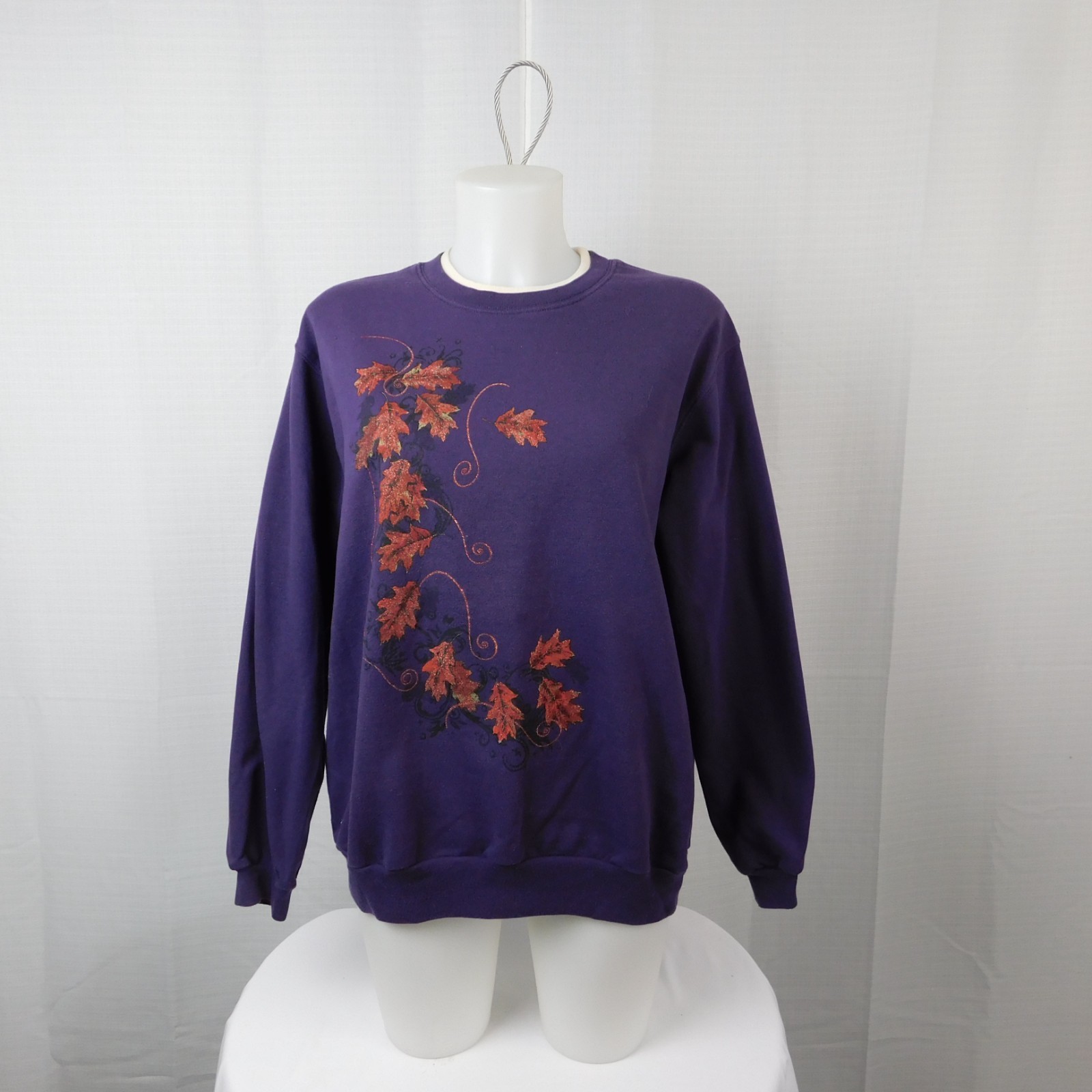Vintage Grandma Sweatshirt Crew Neck Layered Look Fall Leaves Print Large #A154