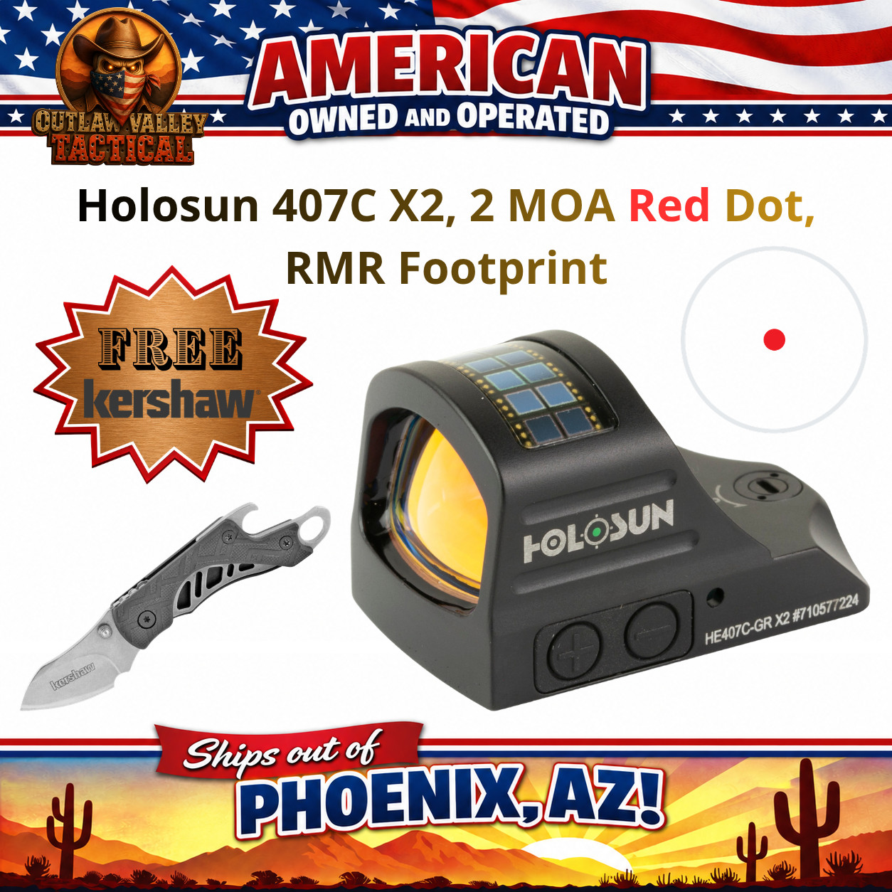 Holosun 407C-X2 Red 2 MOA Dot, Side load battery, Solar Failsafe + FREE Kershaw