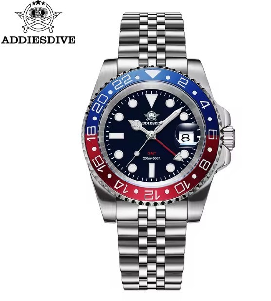 ADDIESDIVE AD2050 GMT 40mm Swiss Quartz Pepsi 200M Men Diver Dive Watch Jubilee