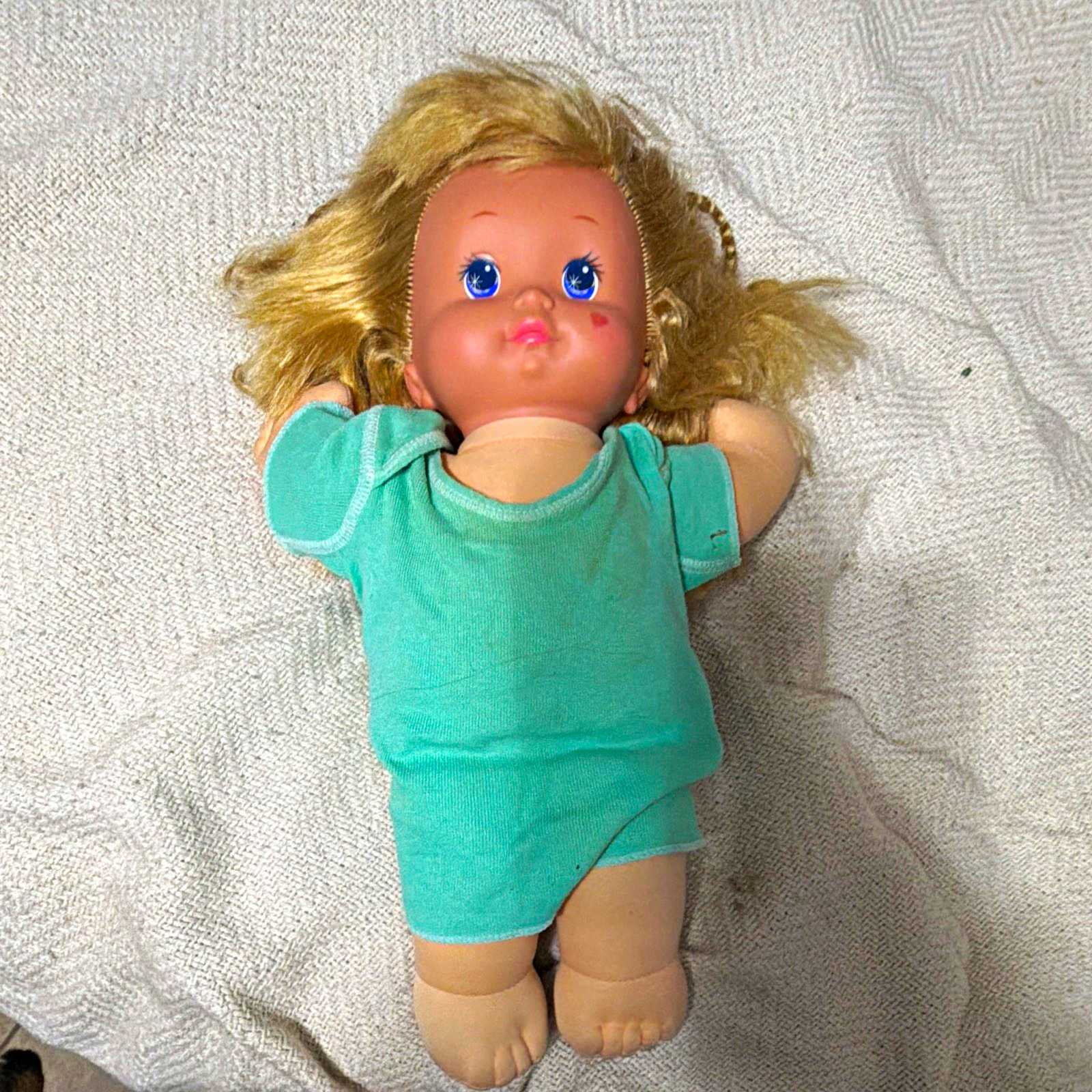 Soft Body Baby Doll Blonde Wavy Hair Blue Eyes Teal Outfit Removable Clothes Soft Body Baby Doll Blonde Wavy Hair Blue Eyes Teal Outfit Removable Clothes