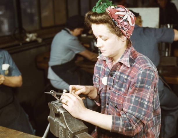 One of girls of Vilter Manufacturing Co Filing small gun parts Mil- Old Photo 1