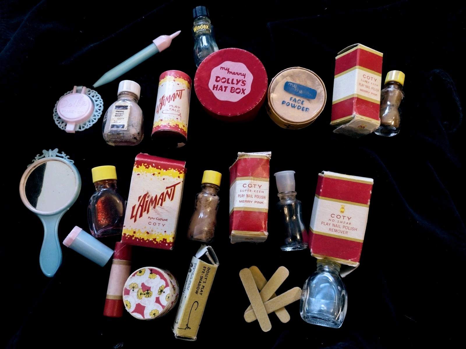 My Merry Doll Dolly Makeup Play Set 1950s Toy Hay Box Compact Vintage