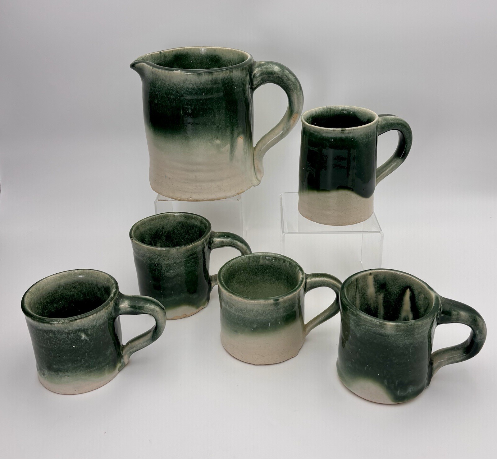 6 Pc Studio Art Pottery Pitcher Mug Set Dark Green Drip Primitive Folk Pottery
