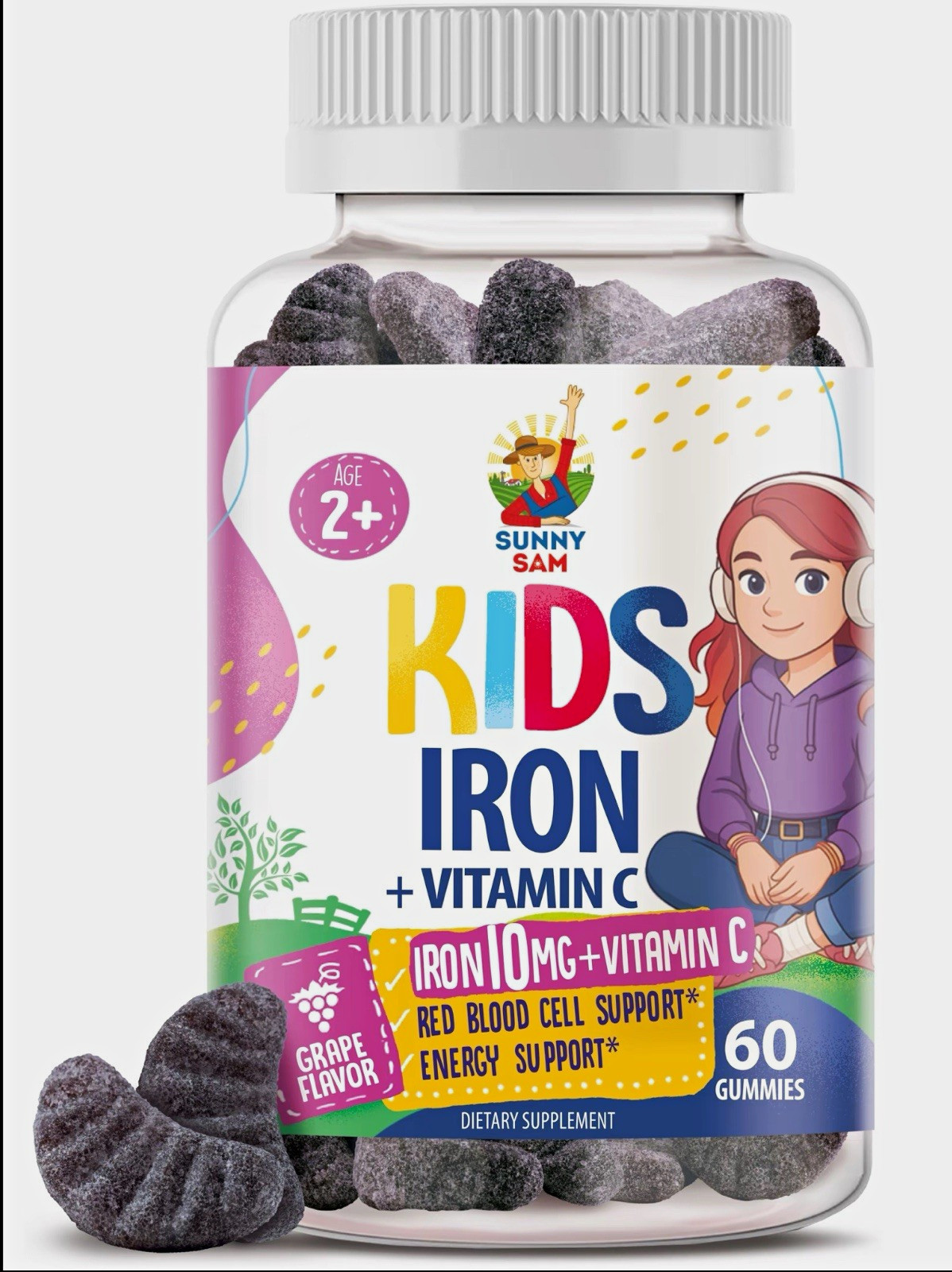 Sunny Sam Kids Iron + Vitamin C Grape Gummies 60 ct 10mg Gluten Free Sunny Sam Kids Iron + Vitamin C Grape Gummies 60 ct 10mg Gluten Free