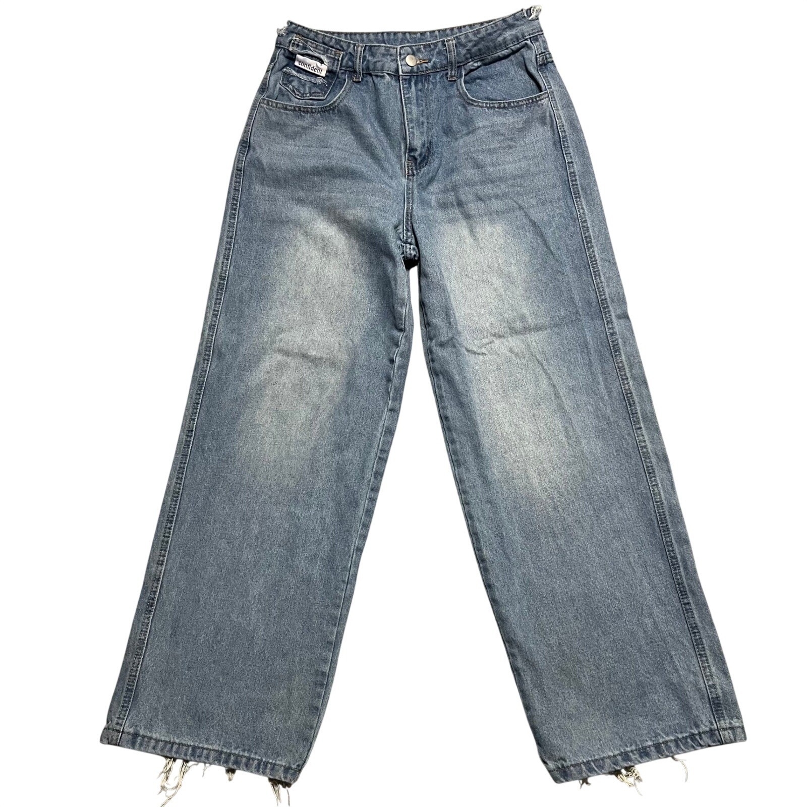DAZY Womens Jeans Size L Blue Wide Leg High Waist Distressed Hem Denim Pants