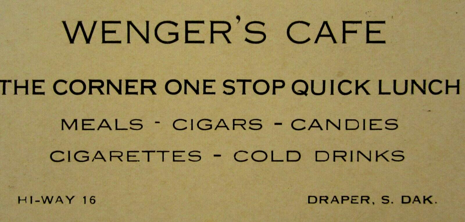 Draper Jones County SD History Wenger\'s Cafe Advertising Card Small Town 1930s