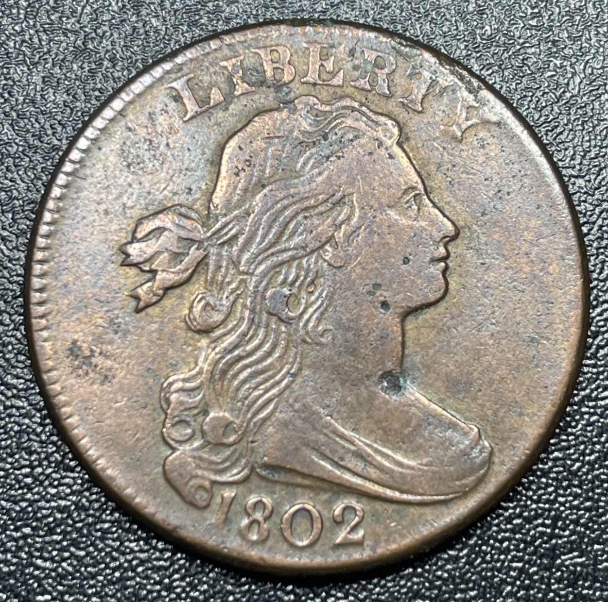 1802 Draped Bust Large Cent 1c S-232 Reverse Cud VF+ Details 1802 Draped Bust Large Cent 1c S-232 Reverse Cud VF+ Details