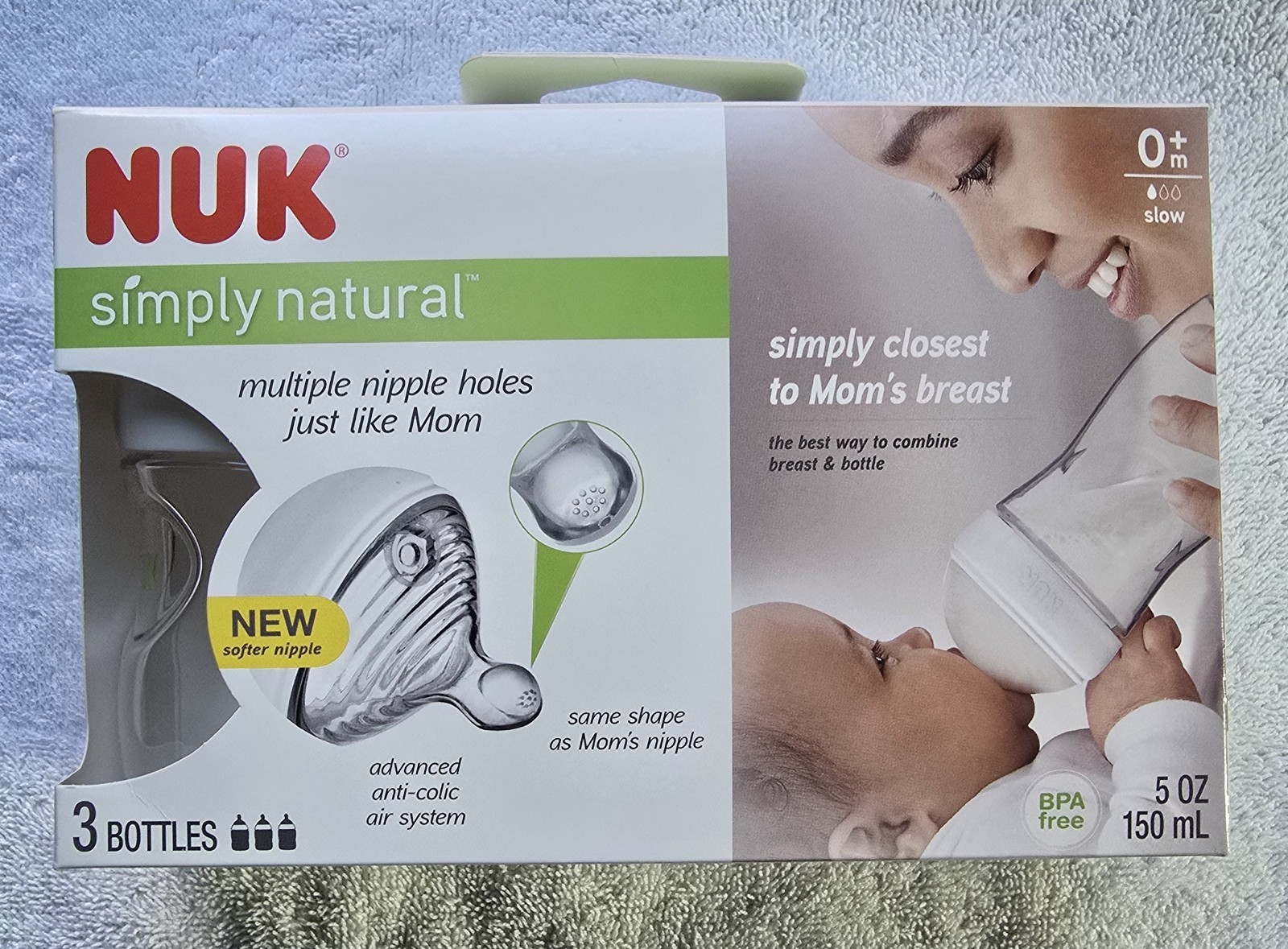 NUK Simply Natural 5 oz (150ml) Baby Feeding Bottles 0+m Slow Flow 3 Pack NEW NUK Simply Natural 5 oz (150ml) Baby Feeding Bottles 0+m Slow Flow 3 Pack NEW