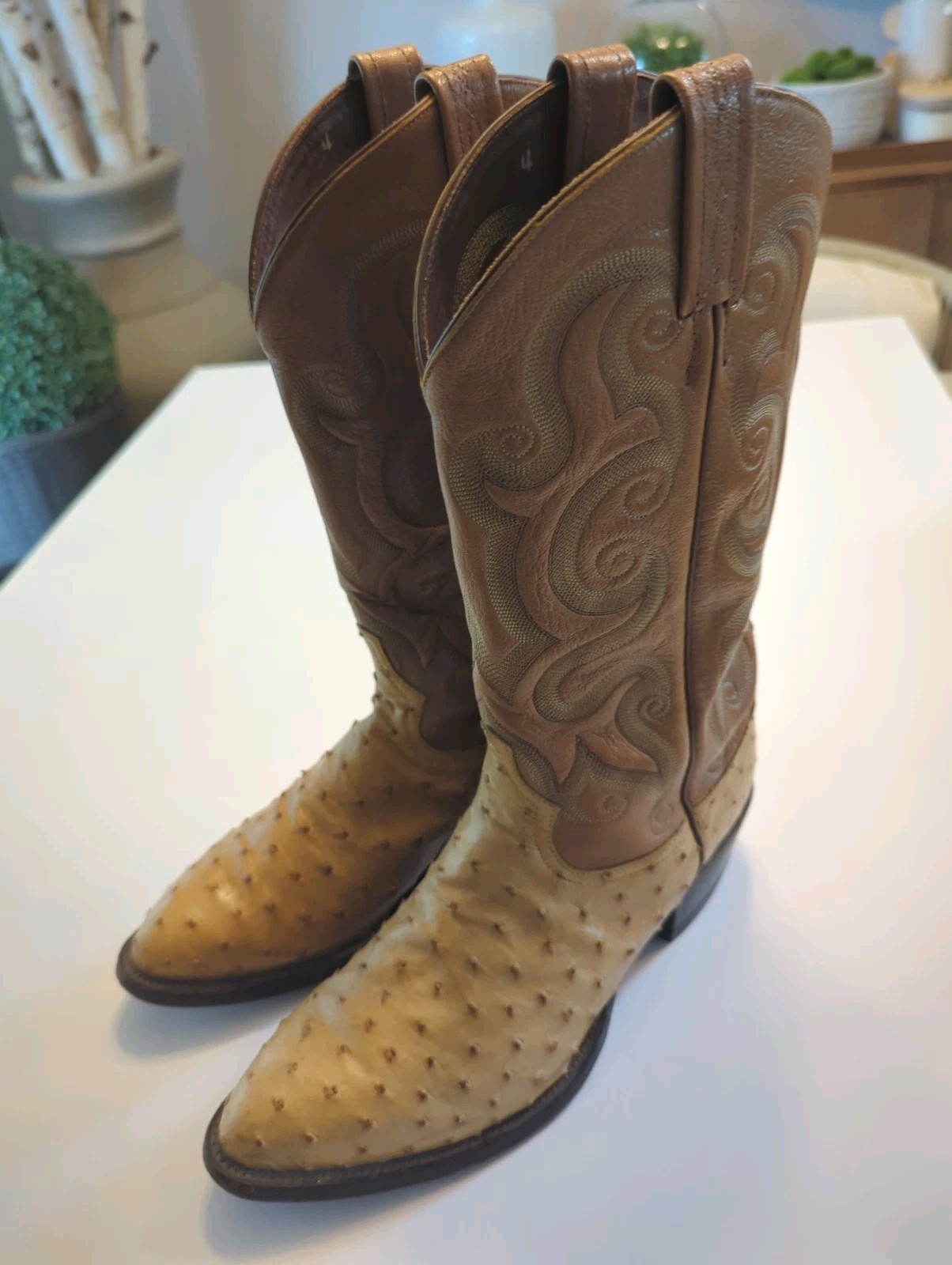 Vintage Tony Lama Full Quill Ostrich Western Cowboy Boots Size 9.5D Tan EUC