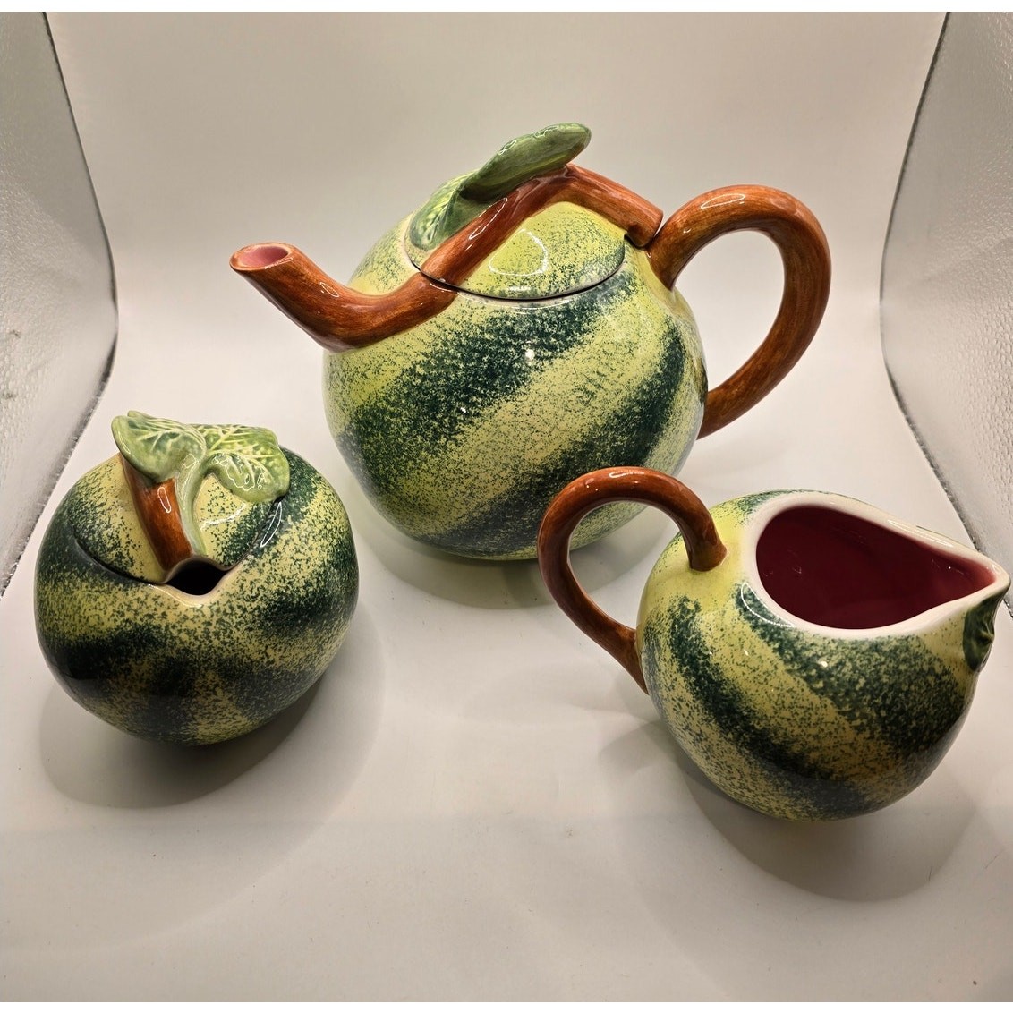 Pier 1 Imports Watermelon Teapot Creamer Sugar Bowl Ceramic Tea Set 3 Piece
