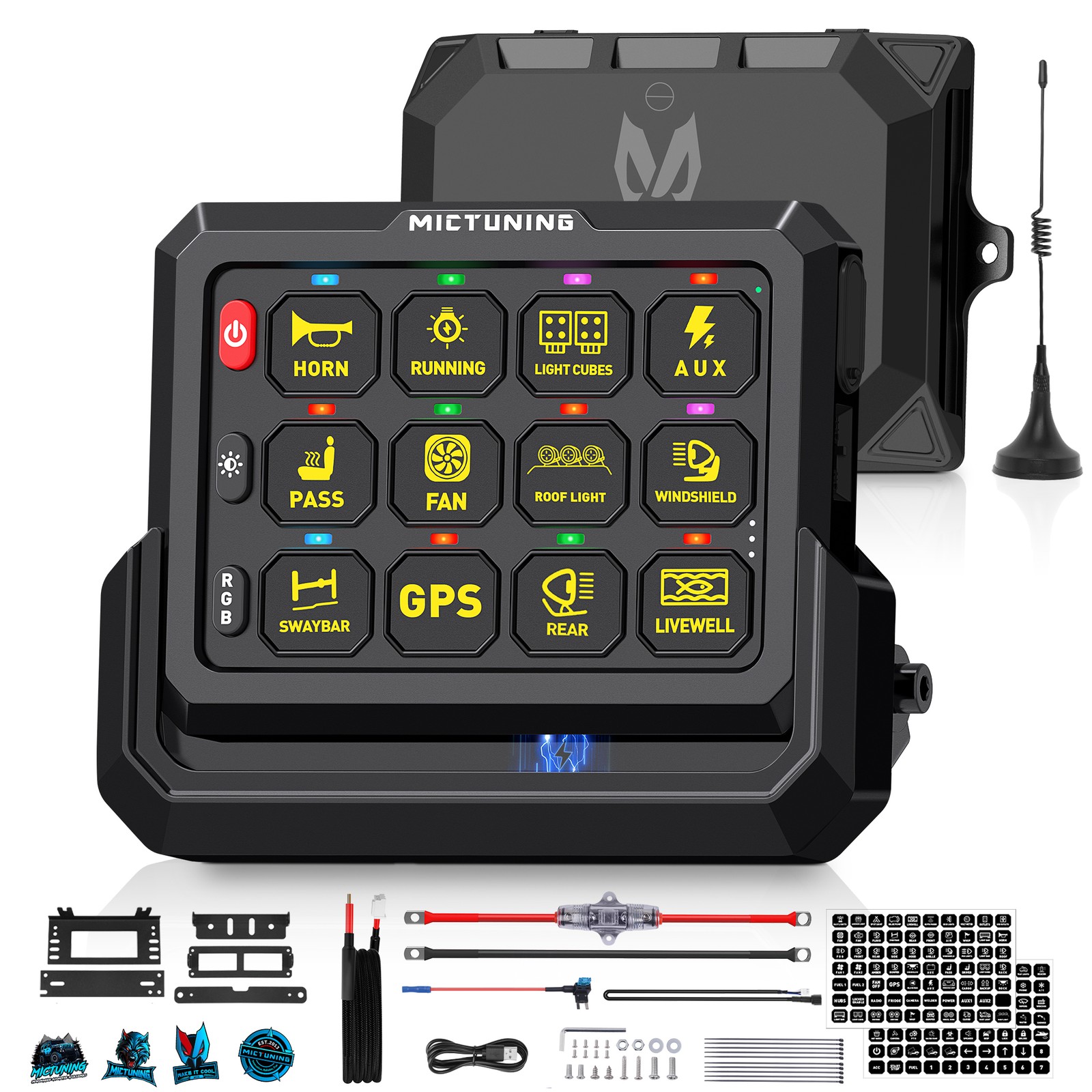 Wireless RGB 12 Gang Switch Panel,Circuit Control Relay System Box for Off Road