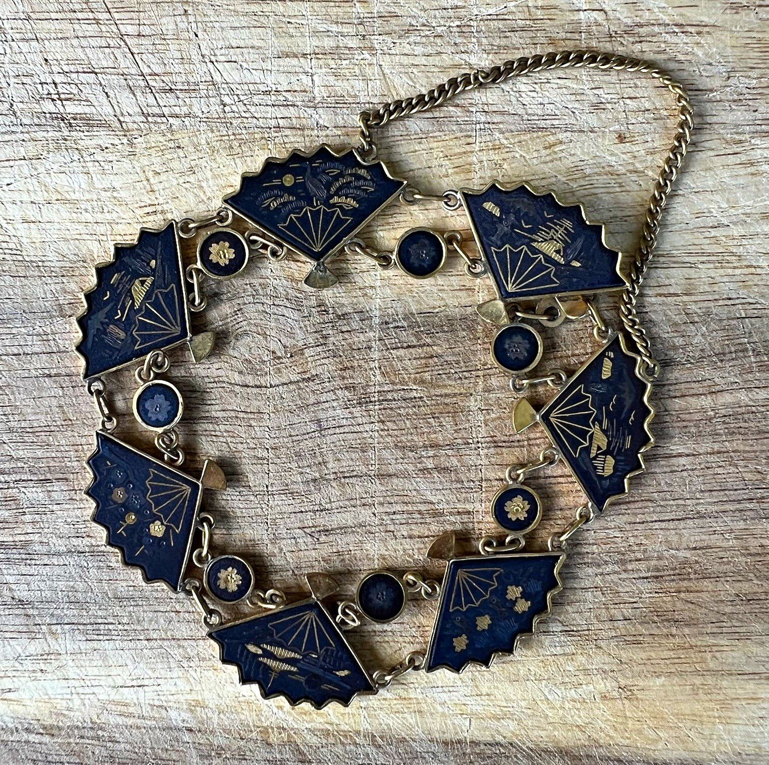Vintage Amita Japan Damascene Fan Panel Bracelet 24K Gold Silver Inlay 1950s