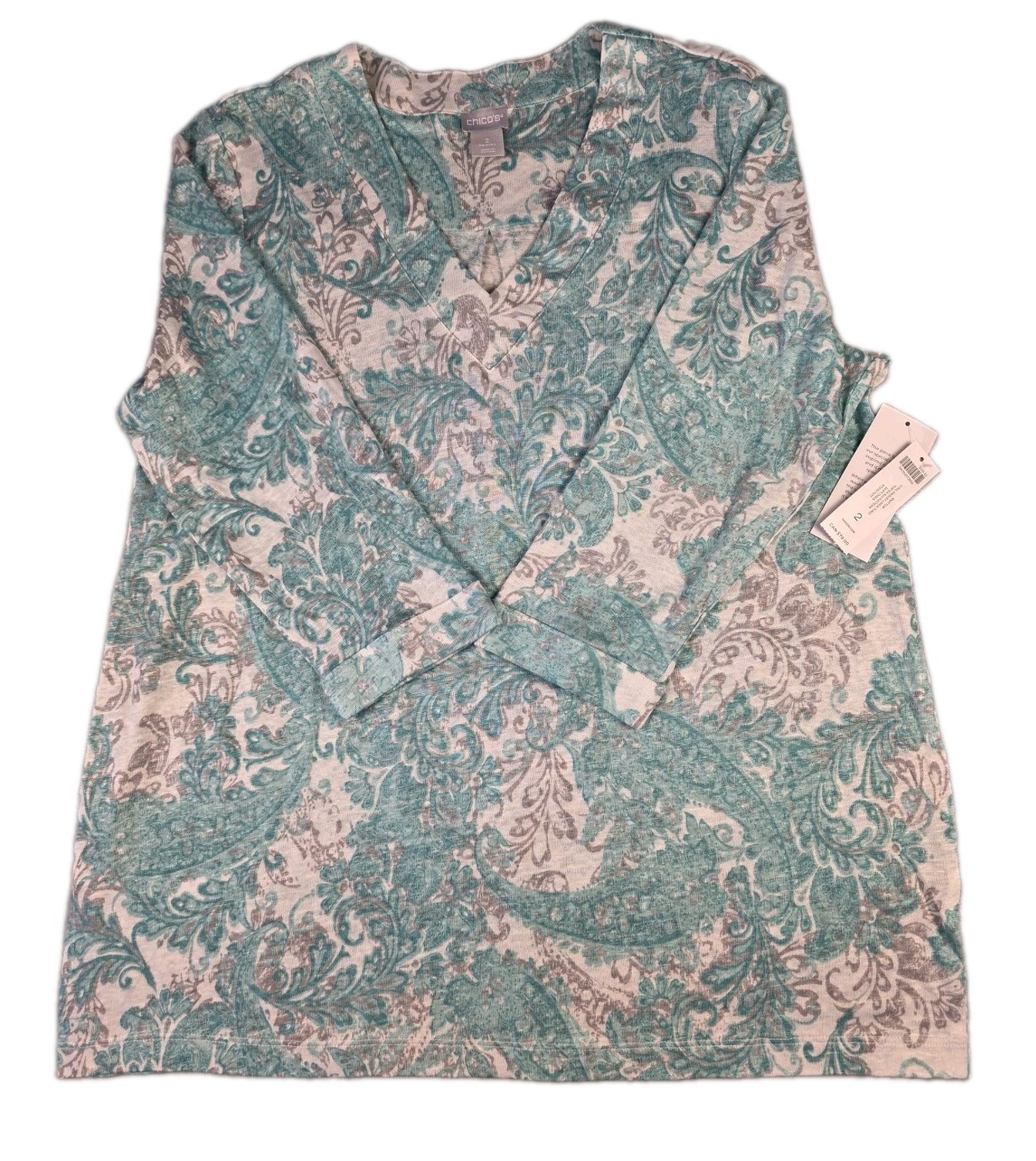 Chico\'s Women\'s Size 2 Aqua And White Floral Top Tunic NWT 100% Linen Coastal Chico\'s Women\'s Size 2 Aqua And White Floral Top Tunic NWT 100% Linen Coastal