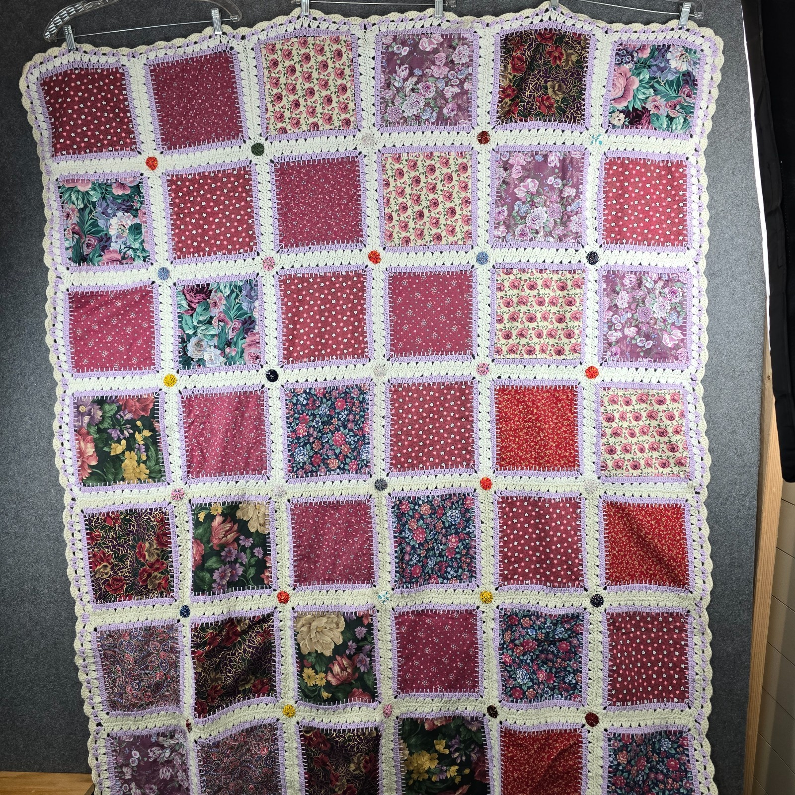 VTG Crochet Fabric Fusion Quilt Multicolored Floral Handmade Patchwork 56 VTG Crochet Fabric Fusion Quilt Multicolored Floral Handmade Patchwork 56