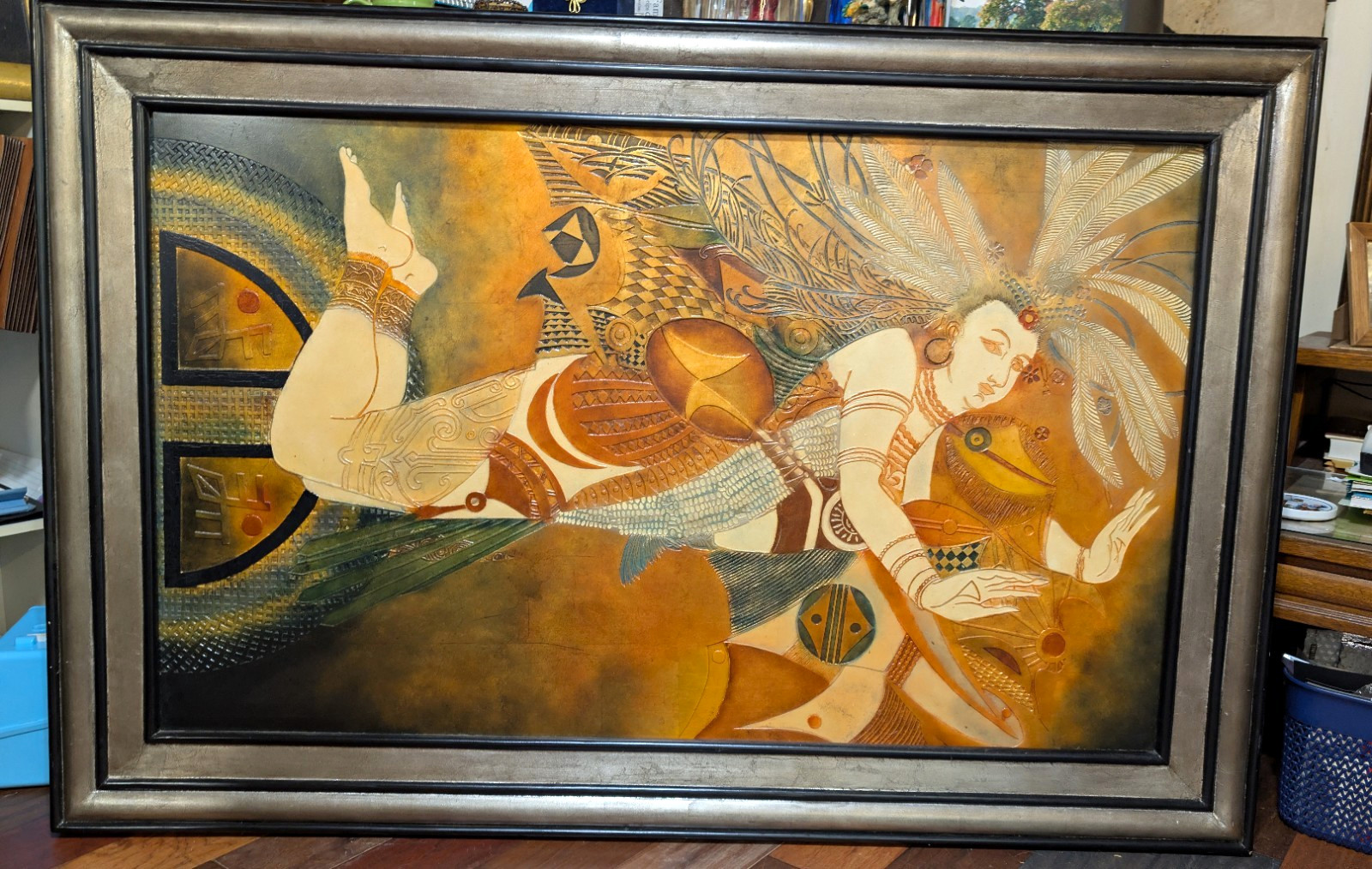 Vintage Mid-Century Modern/Art Deco Style Yunnan School Figural Painting – Frame