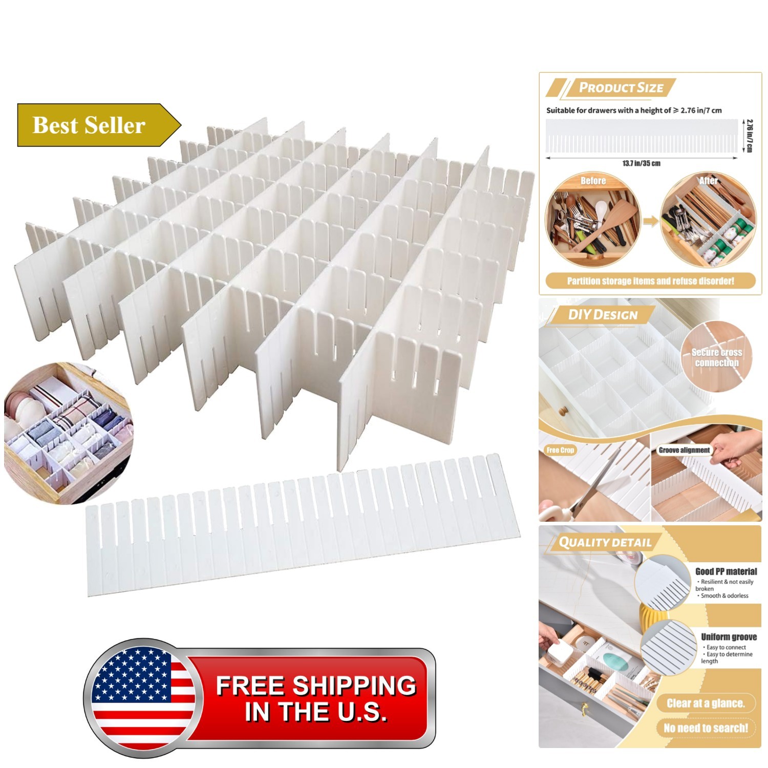 12PCS DIY Plastic Grid Drawer Dividers,White Adjustable Sock Underwear Dresse... 12PCS DIY Plastic Grid Drawer Dividers,White Adjustable Sock Underwear Dresse...