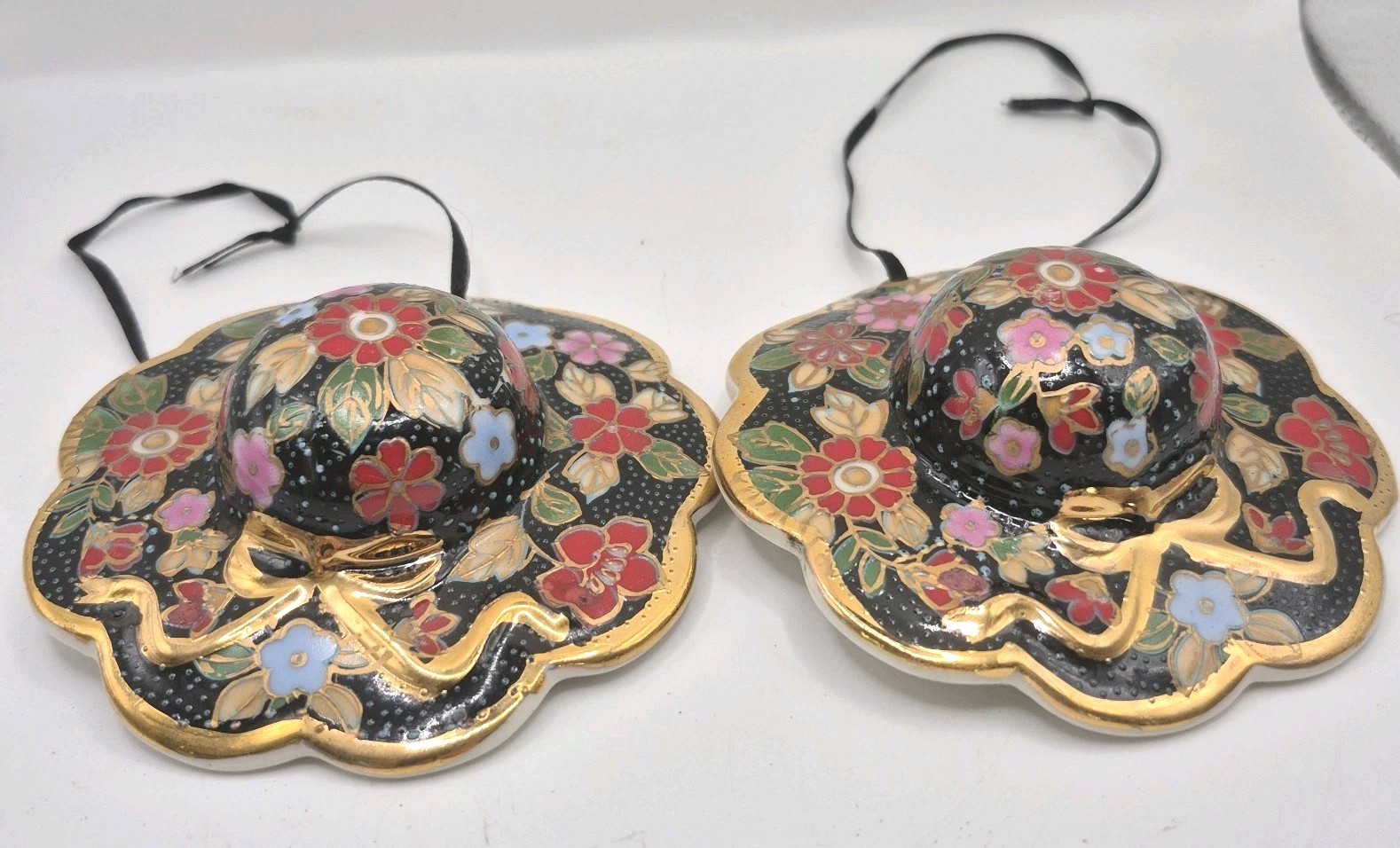Vintage Japanese Satsuma Style Porcelain Hat Ornaments Pair Black Gold Gilt