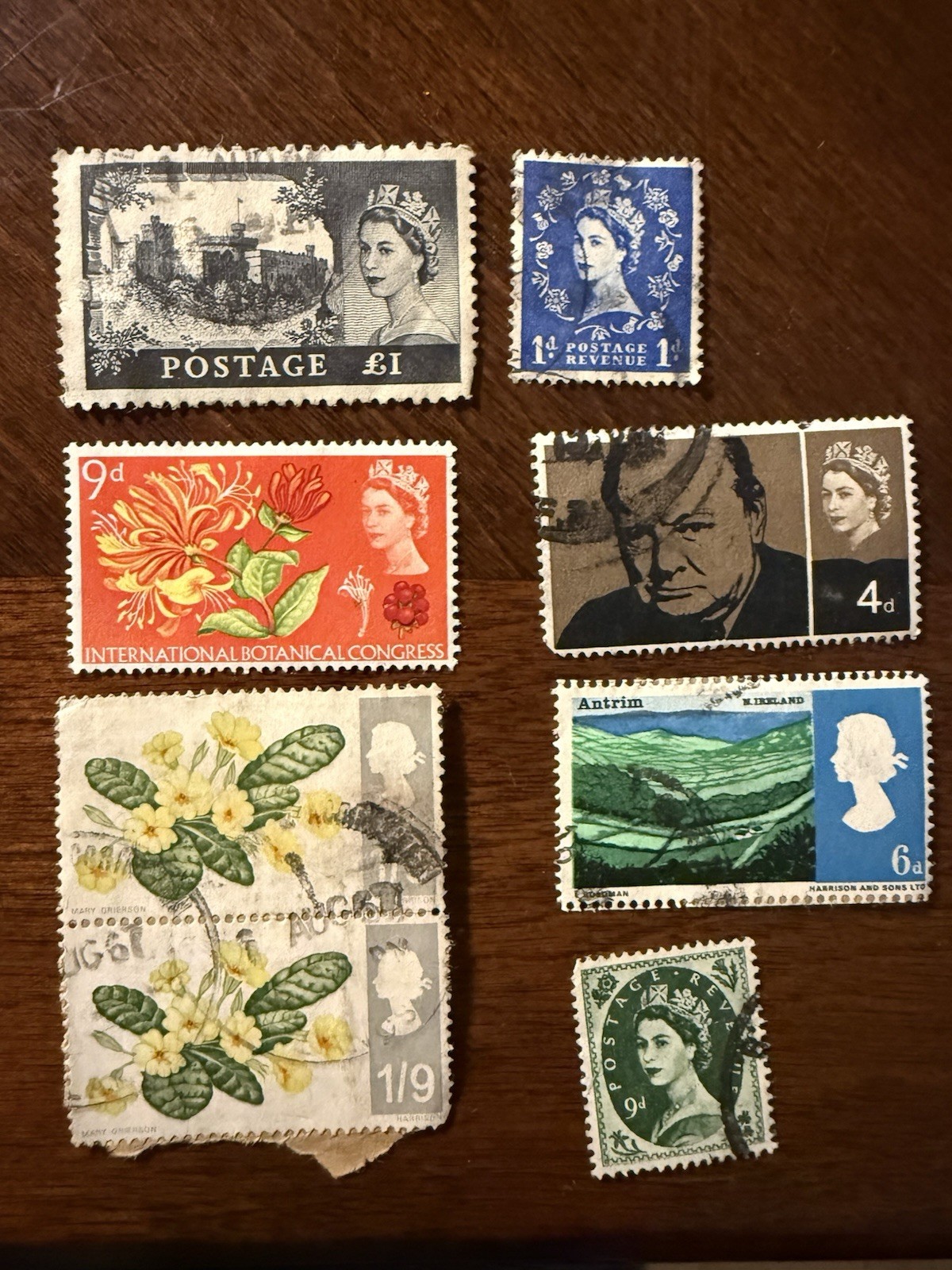 Great Britain Elizabeth II Used Stamp Lot of 7 Pre-Decimal £1 1d 4d 6d 9d Great Britain Elizabeth II Used Stamp Lot of 7 Pre-Decimal £1 1d 4d 6d 9d