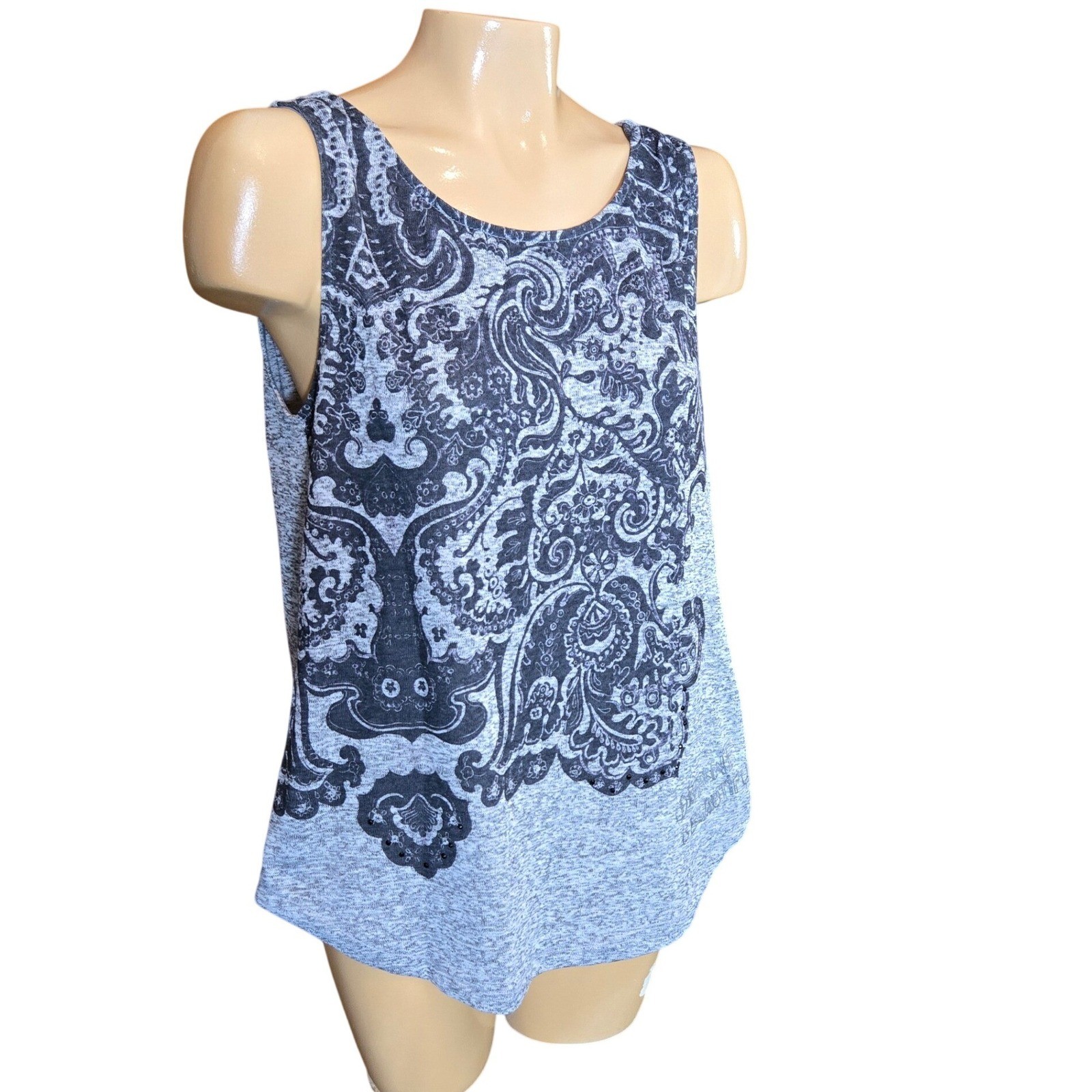 Desigual Womens Tank Top Gray Black  Large Paisley Print Studded Art To Wear