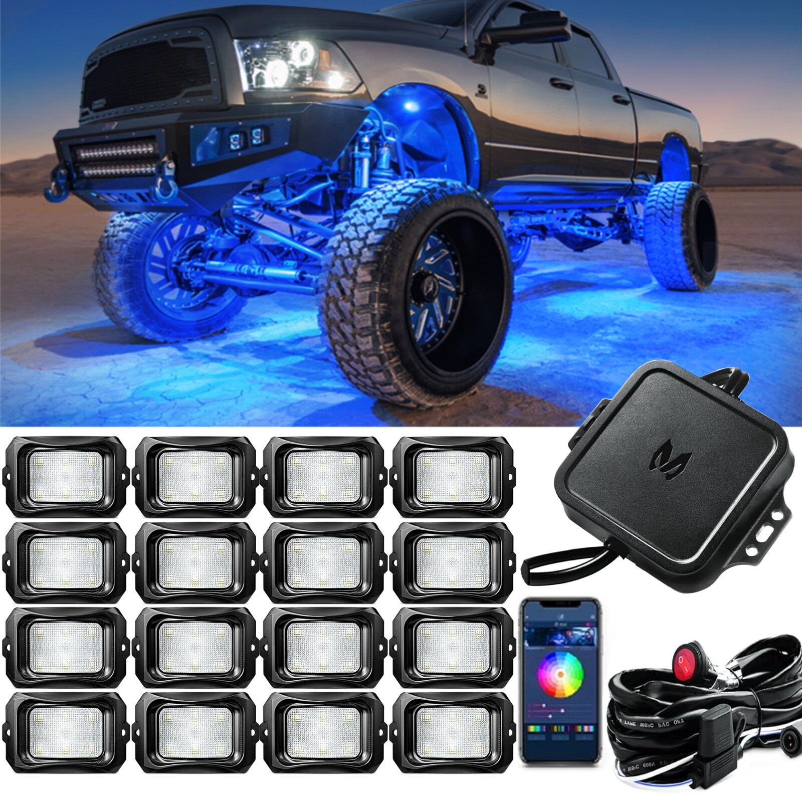 MICTUNING 16 Pods C2 RGBW LED Rock Lights Off Road Underglow Underbody Light Kit