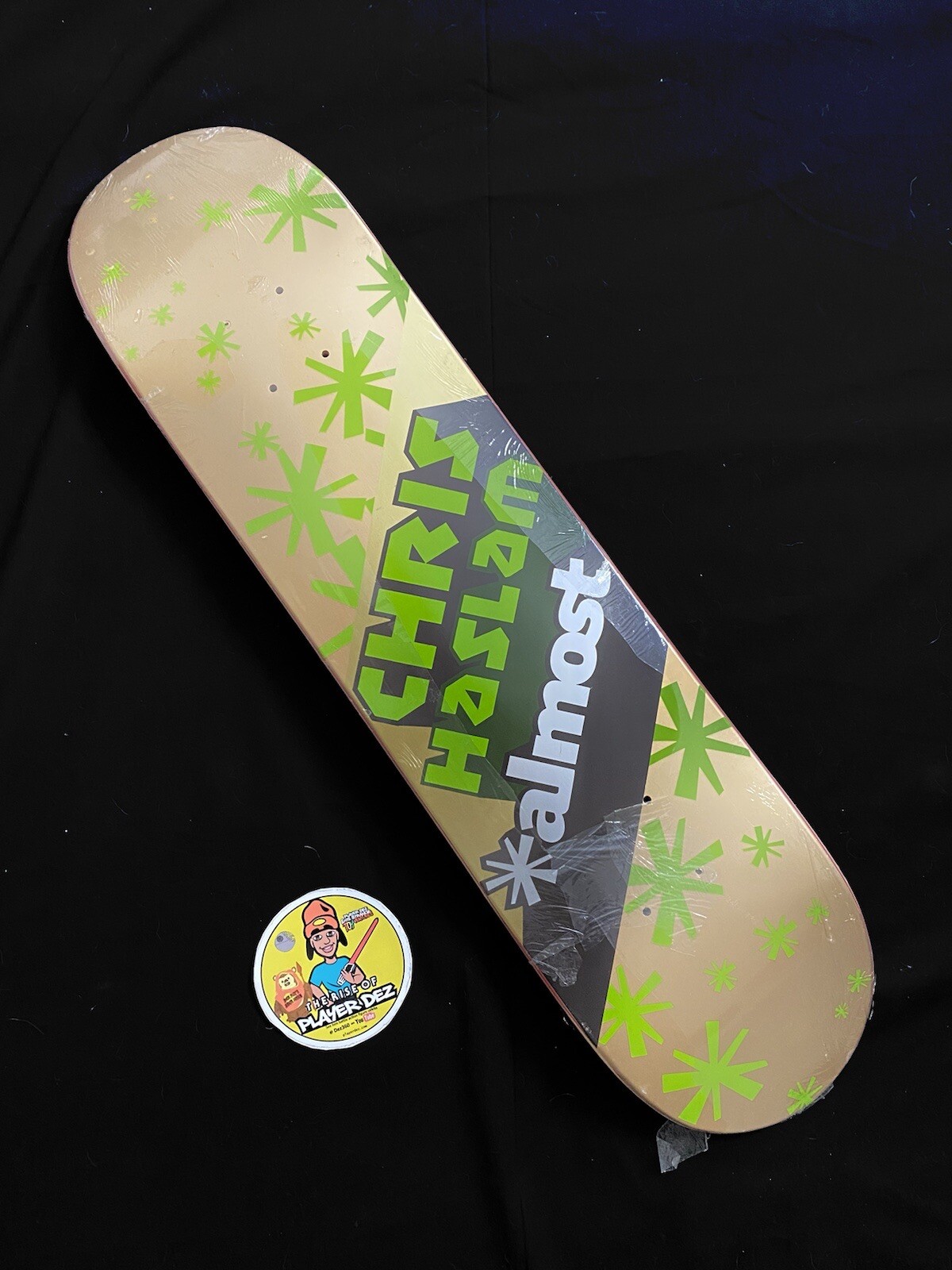 Vintage CHRIS HASLAM Almost Skateboard Deck Gold Logo Green Rare
