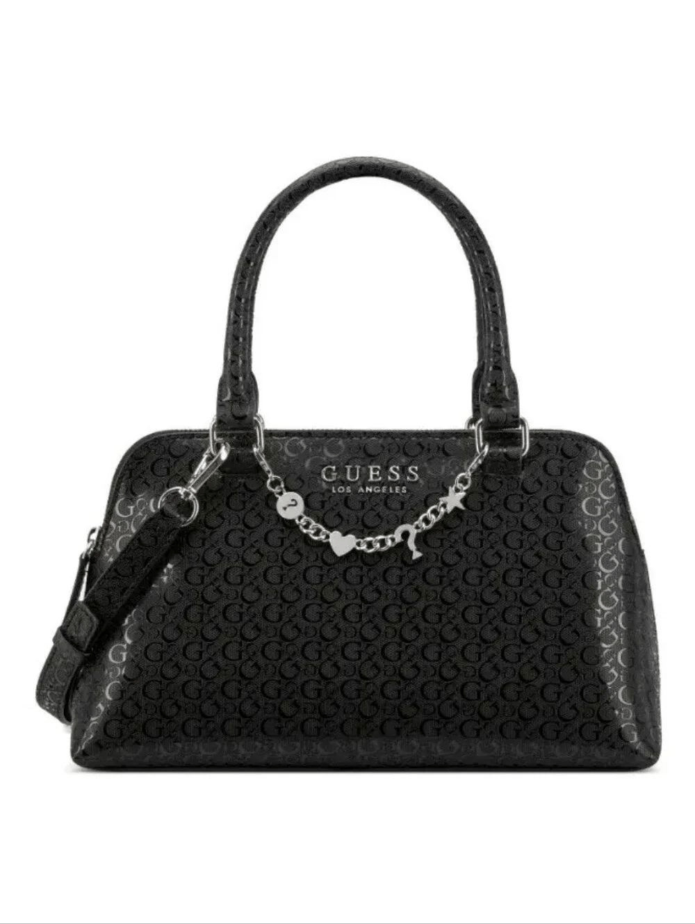 GUESS Black Logo-Print Satchel with Silver Charm Chain GUESS Black Logo-Print Satchel with Silver Charm Chain