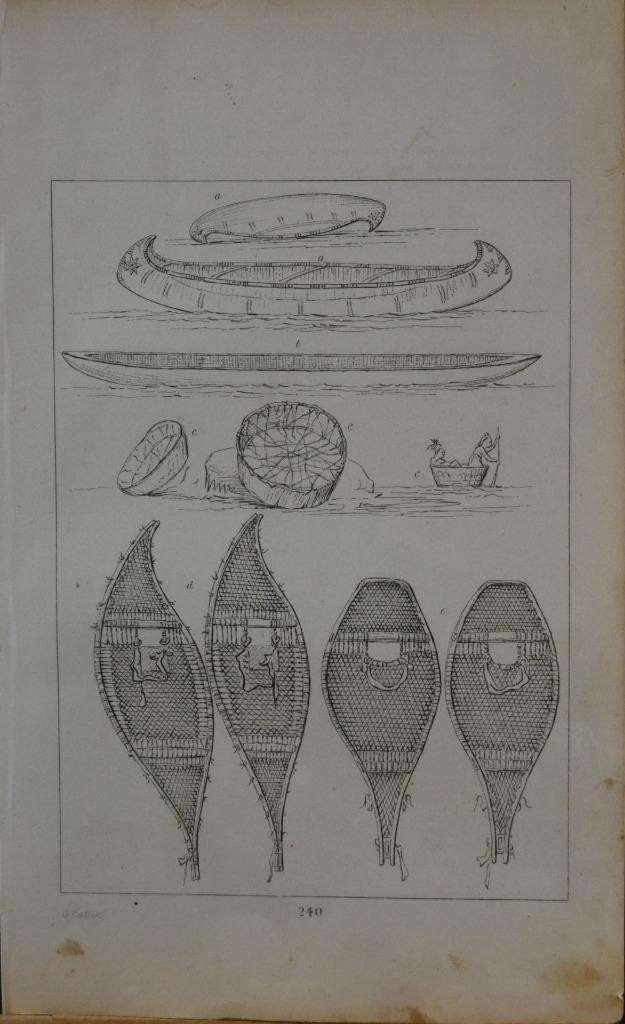 Antique 1840\'s Native American Engraving Art Chippewa Sioux and Mandan Canoe
