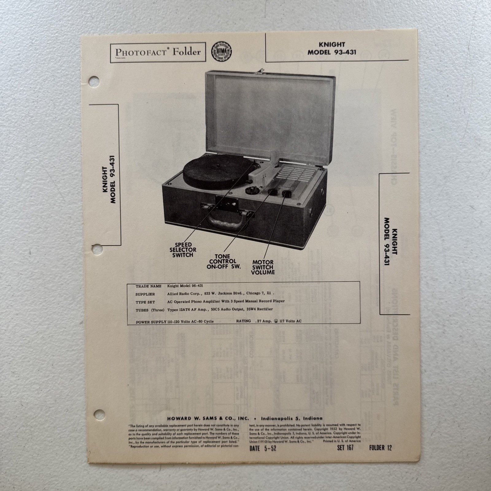 Knight Model 93-431 Service Info Photofact Sheet Howard W. Sams & Co.
