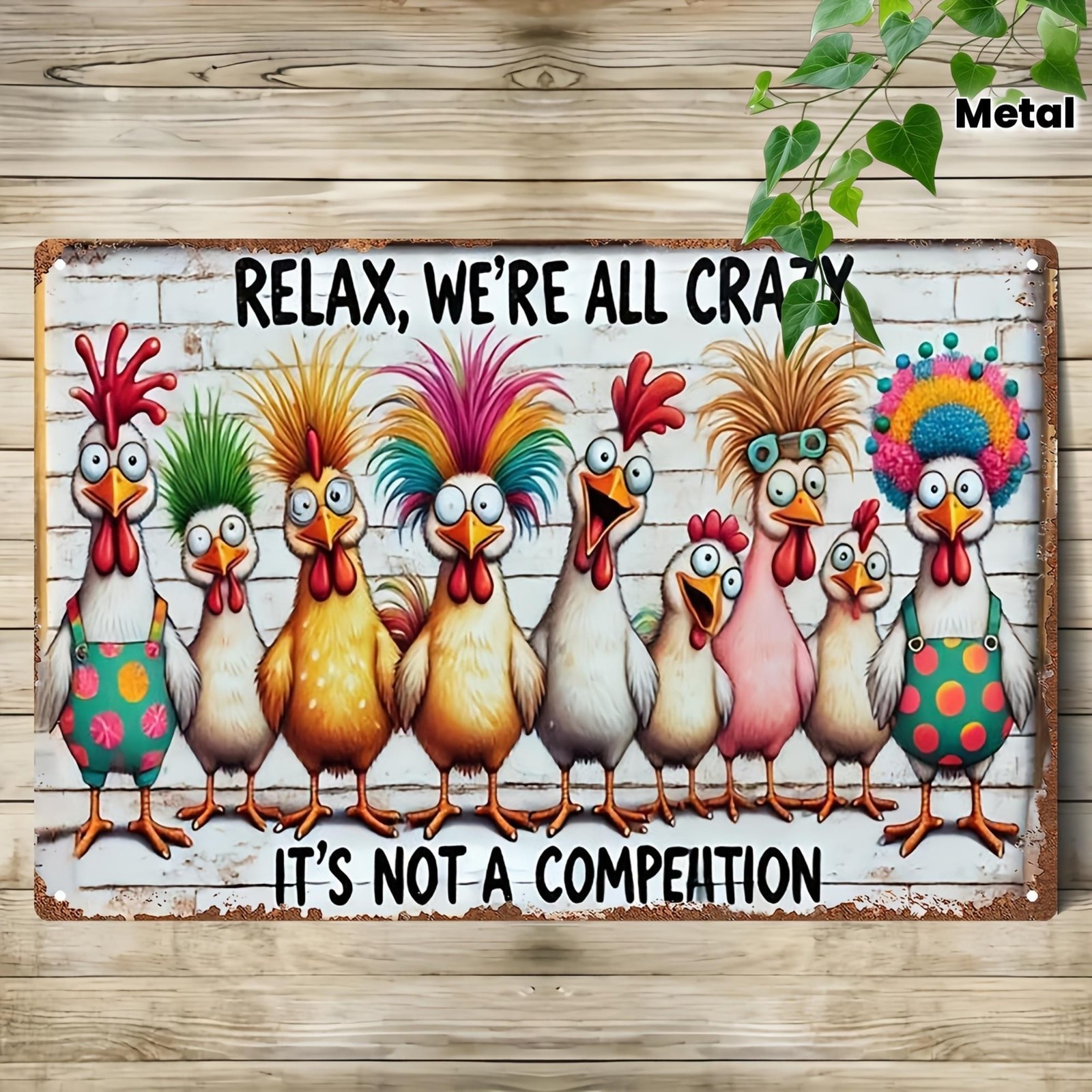 Farmhouse Metal Sign Funny Vintage Chicken Relax Were All Crazy Aluminum