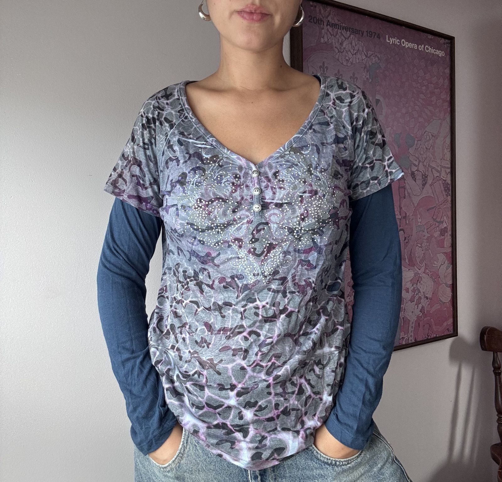 One World Y2K Long Sleeve Layered Look Top with Rhinestones One World Y2K Long Sleeve Layered Look Top with Rhinestones