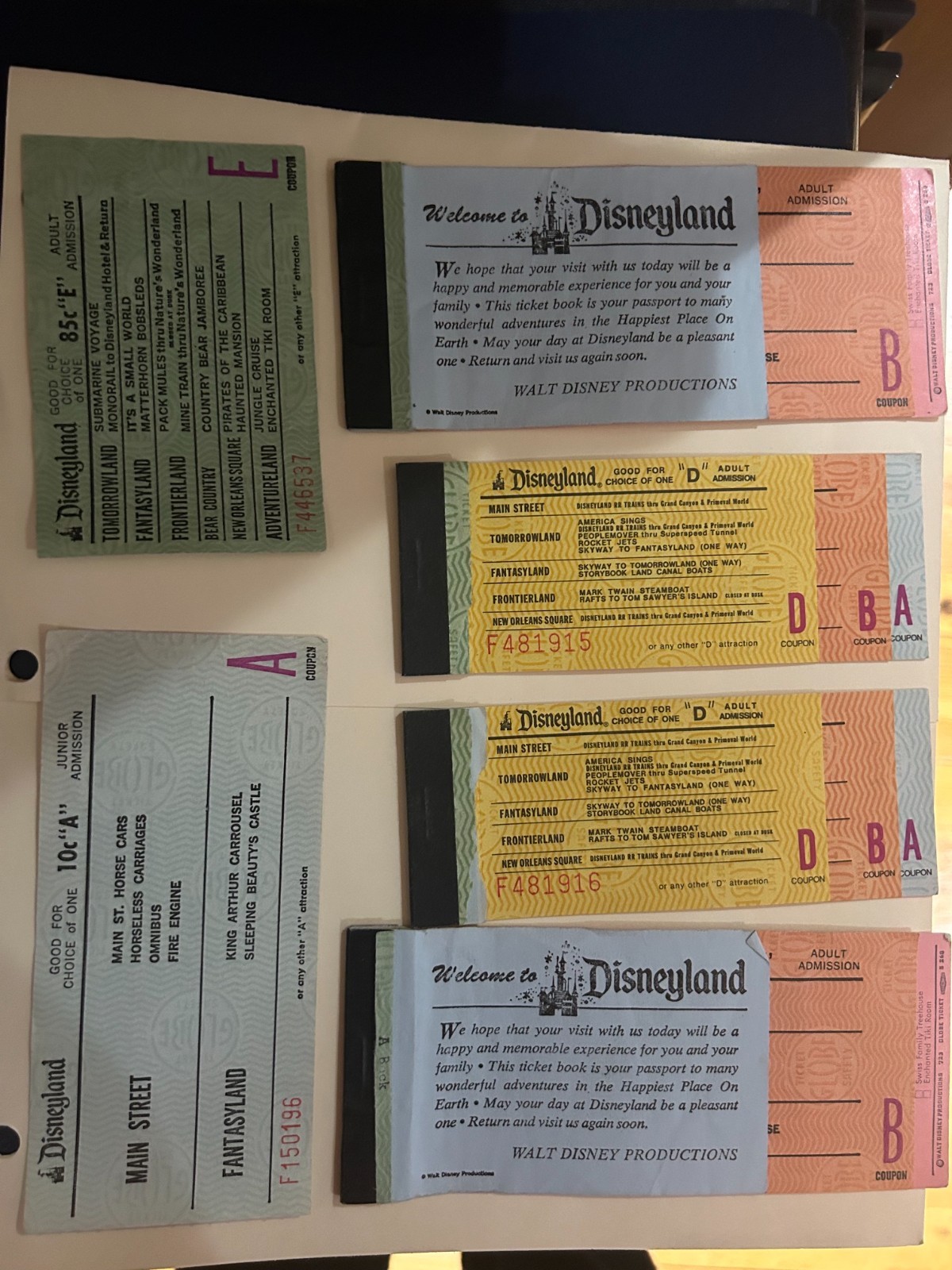 Disneyland Genuine Vintage Attraction Tickets, Adult & Child - 7 books Disneyland Genuine Vintage Attraction Tickets, Adult & Child - 7 books