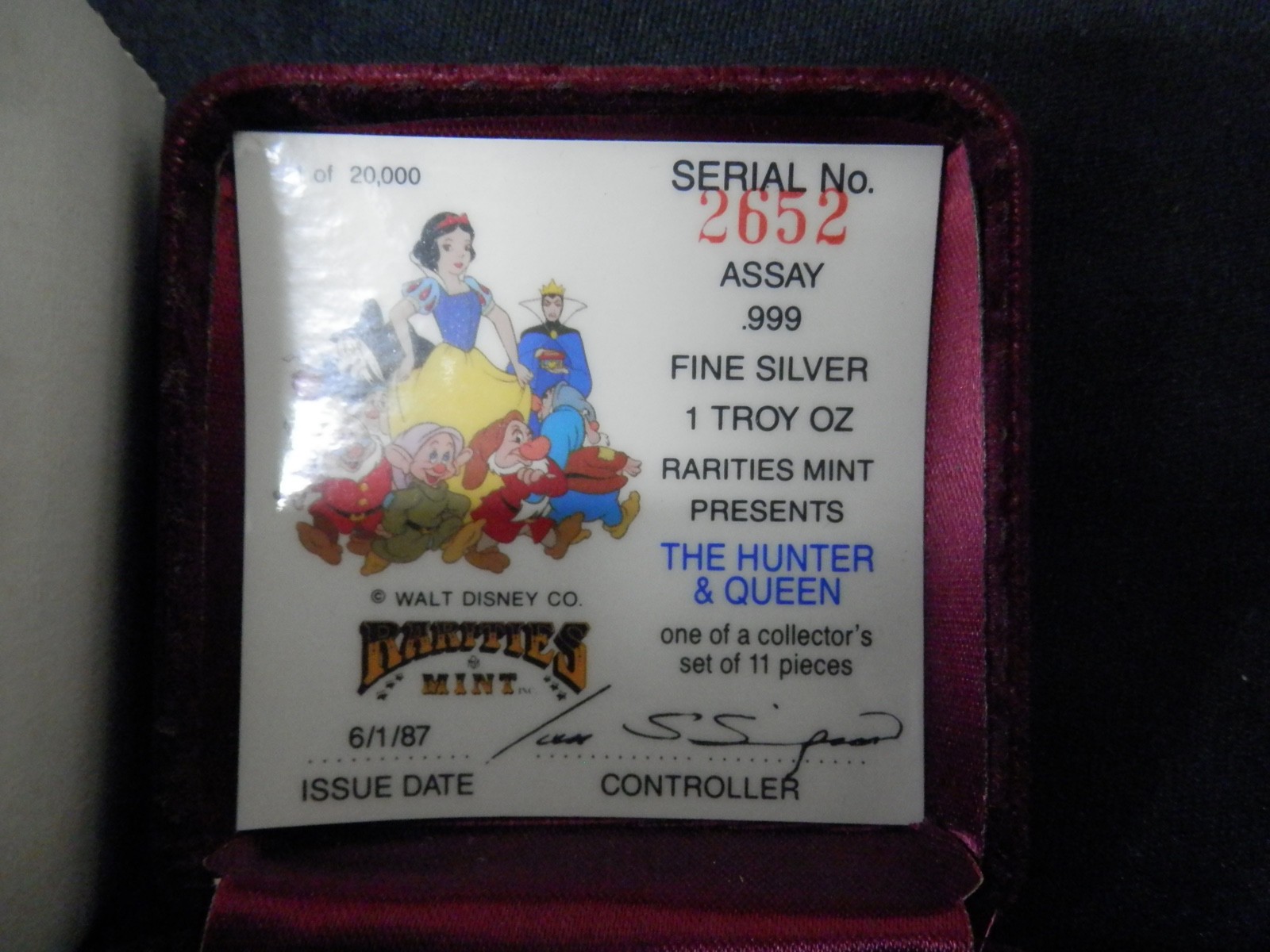 1987 Disney Snow White “Hunter/Queen” 1oz Silver 50th Anniversary