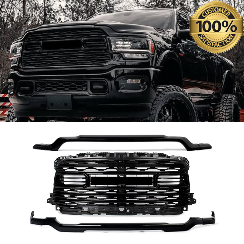 For 2019-2024 Ram 2500 3500 Glossly Black Front Grille Upper+Lower Molding Trim